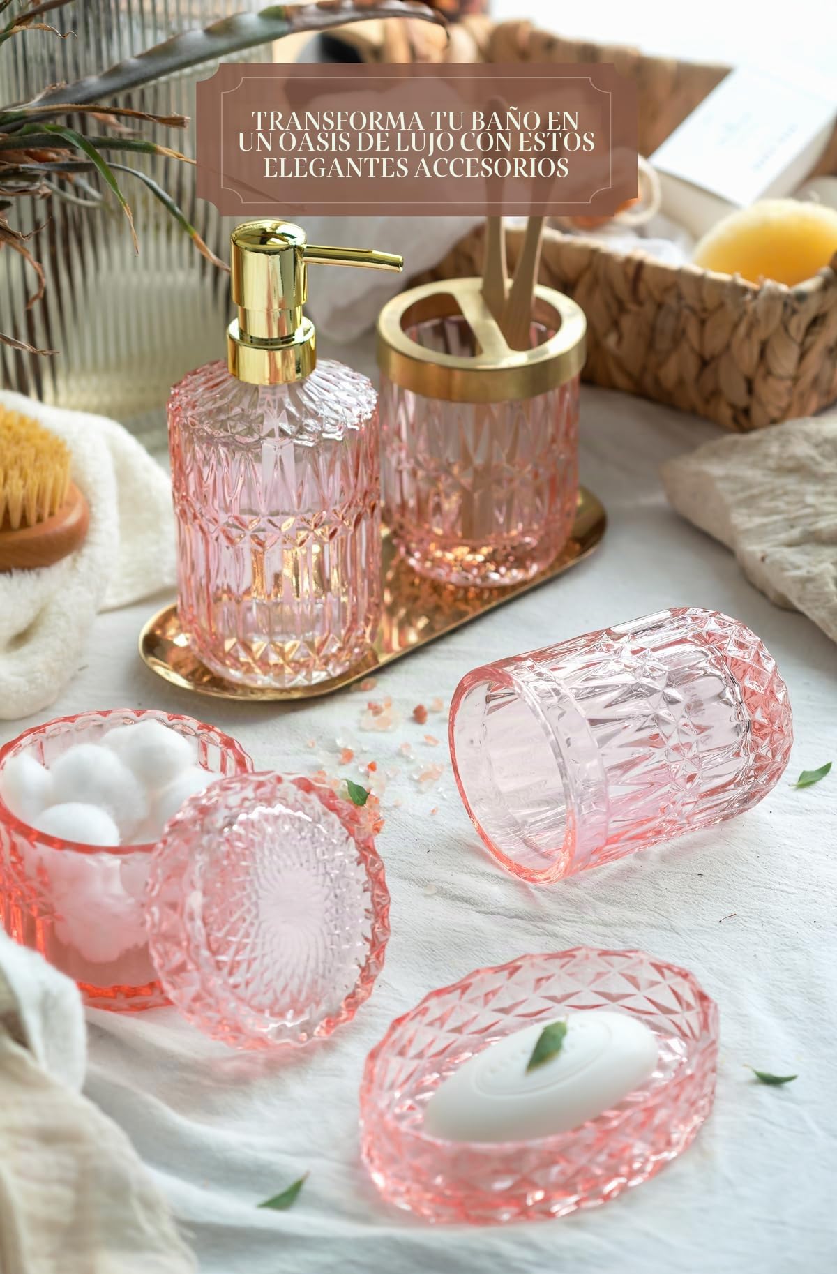 EMPÓ Juego de 6 accesorios de vidrio para baño (dispensador de jabón, jabonera, soporte cepillo dientes, vaso, tarro hisopo algodón), decoración moderna