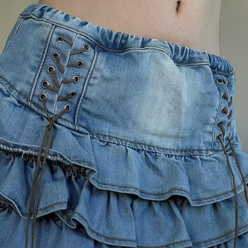 THLAI Women Denim Mini Skirt Summer Ruffle Layered Skirt Y2k Jean Short Skirt2