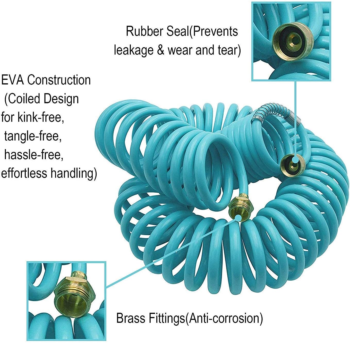 AUTOMAN-Garden-Water-Hose-Recoil,50 Feet EVA Curly Water Hose with Brass Connectors & AUTOMAN Garden Hose Splitter 3/4’’, Anti-UV High-Grade Brass Hose Splitter with High Pressure-Resistance.