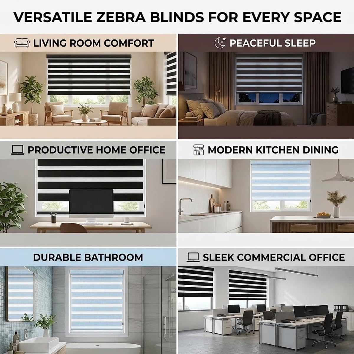 Tenda a Rullo Zebra per Interni con Catenella Laterale, 40-165cm | Tende Giorno e Notte Traslucida Doppio Tessuto, Installazione con Fori per Salotto e Casa(White,65W x 200H cm)