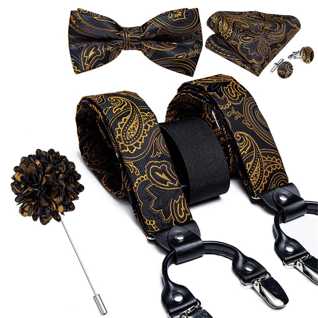 keusyoi Luxuriöse Herren-Hosenträger aus Seide, verstellbar, 6 Clips, Leder, Metall, Fliege, Brosche, Einstecktuch-Set