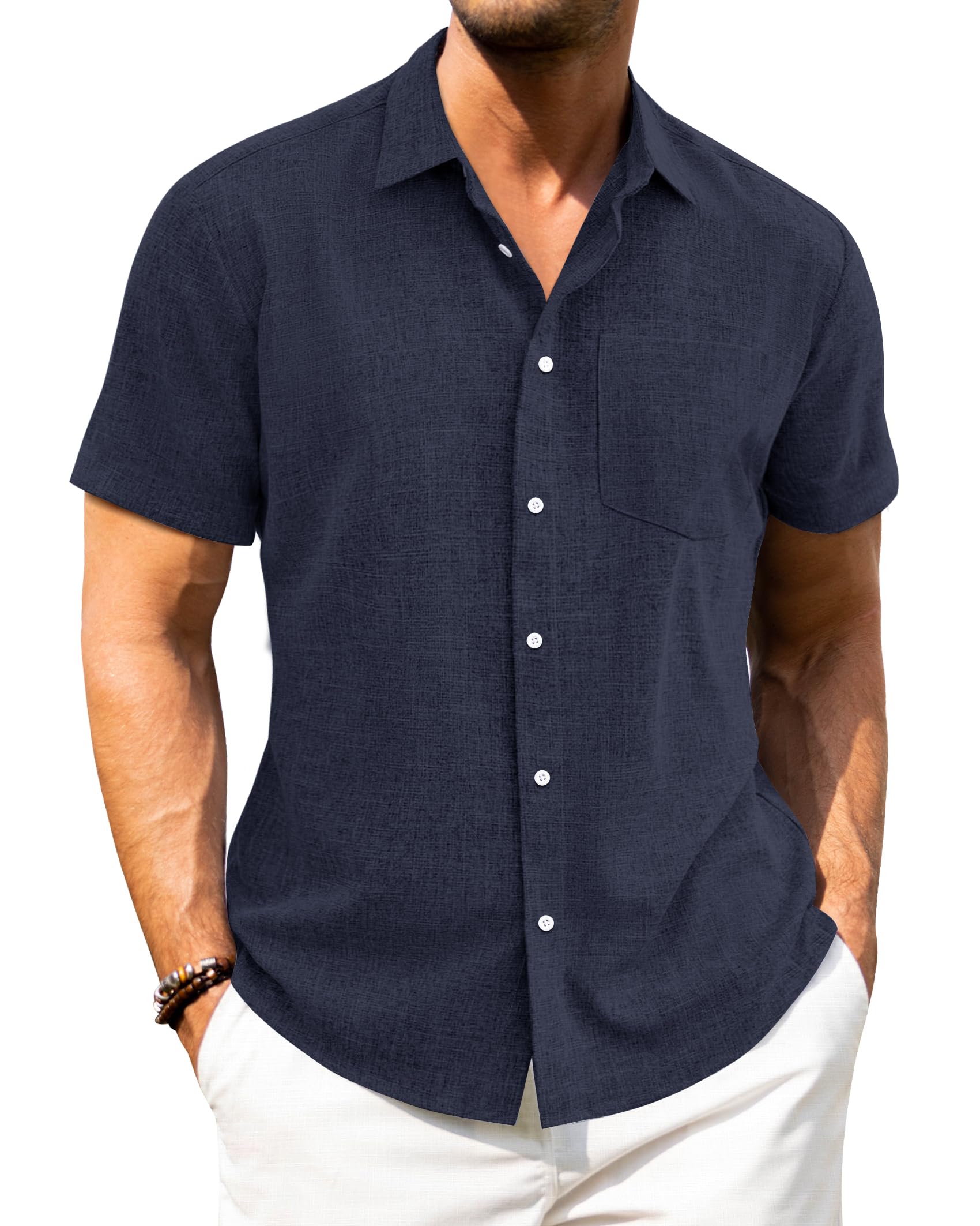 J.VER Leinenhemd Herren Kruzarm Freizeithemd Regular Fit Leicht und Luftig Sommerhemd Leinen Shirt mit Tasche