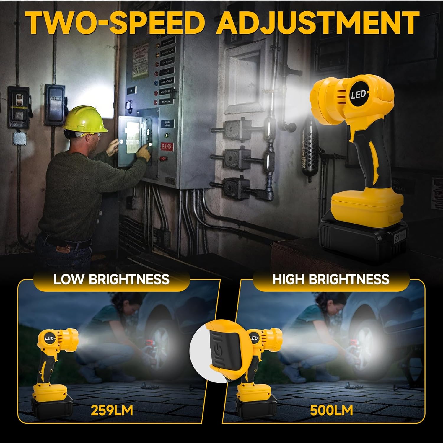 LouSdZoke Cordless Work Light for DeWalt 20V Battery, 500LM Flashlight LED Work Light with Two-Speed Adjustment and 140°Pivoting Head for Jobsite, Camping, Emergency