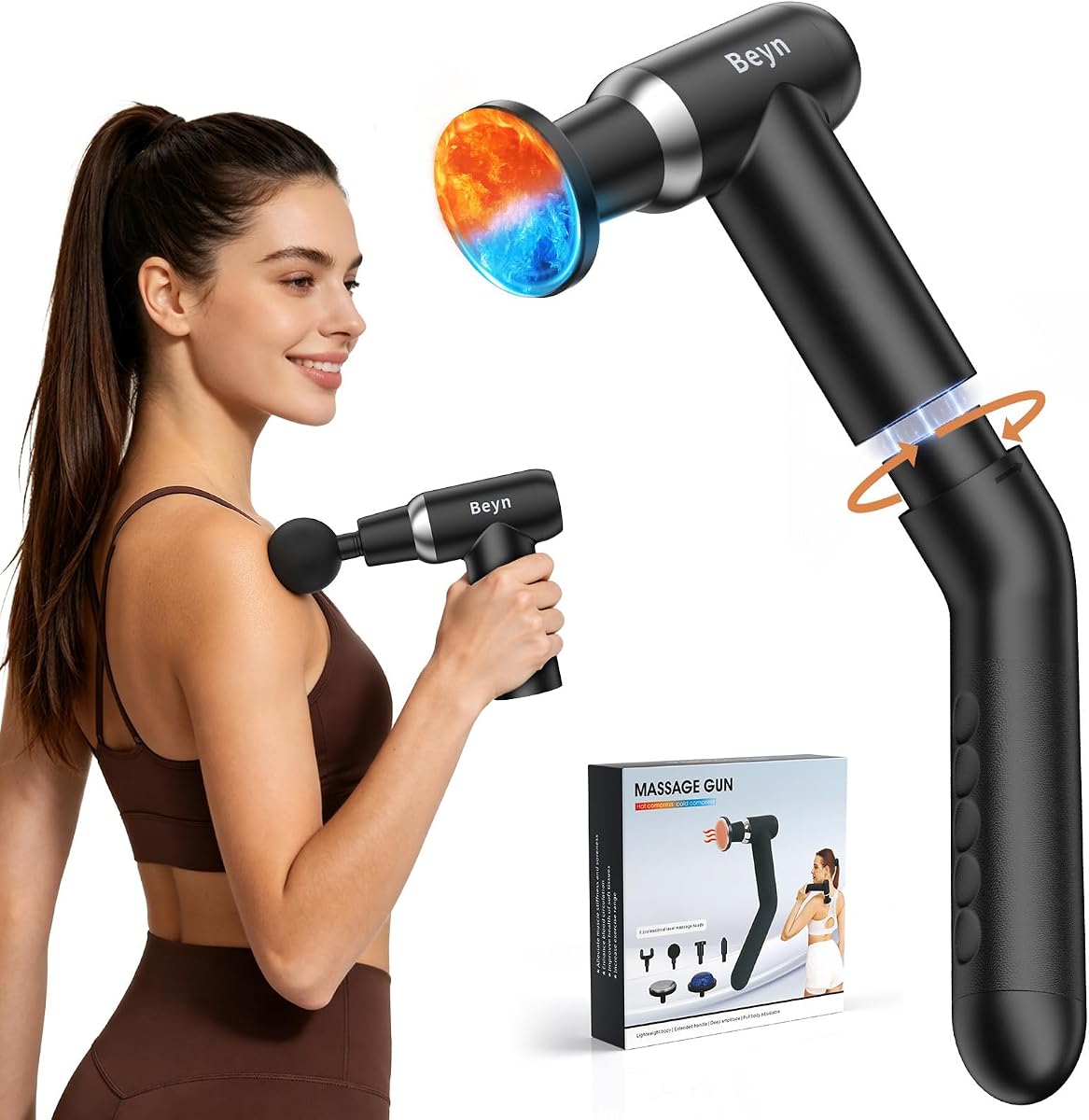 Pistola masajeadora fría y caliente con mango extendido desmontable, 6 cabezales de masaje y pantalla LCD - Masajeador de tejido profundo para aliviar el dolor muscular del cuello, espalda y cuerpo