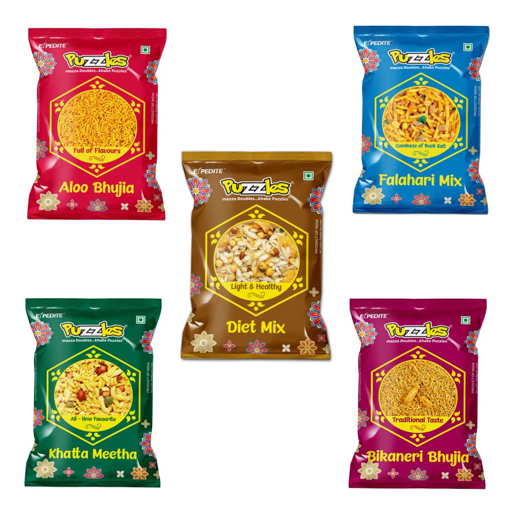 Puzzles Mehman Nawazi Box | Assorted Snacks Pack of 5 | Special Namkeen Bhel Combo Per pack 170 gram | Khatta Meetha +Aloo Bhujia + Diet Mix + Falahari Mix + Bikaneri Bhujia | (B0BVG2TGNS) Amazon Price History, Amazon Price Tracker