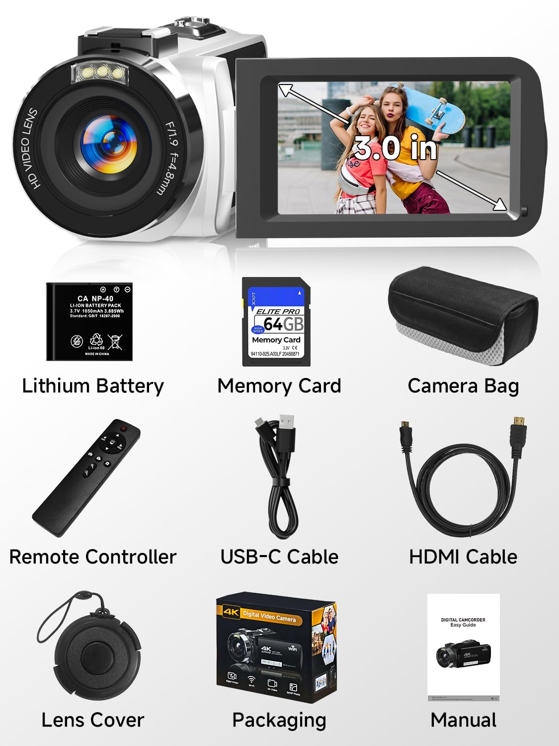Videocamera FHD 4K 56 MP, videocamera WiFi Vlogging per YouTube con visione notturna a infrarossi, zoom digitale 18x, registratore video touch screen da 3,0", con scheda da 64 GB, telecomando, webcam