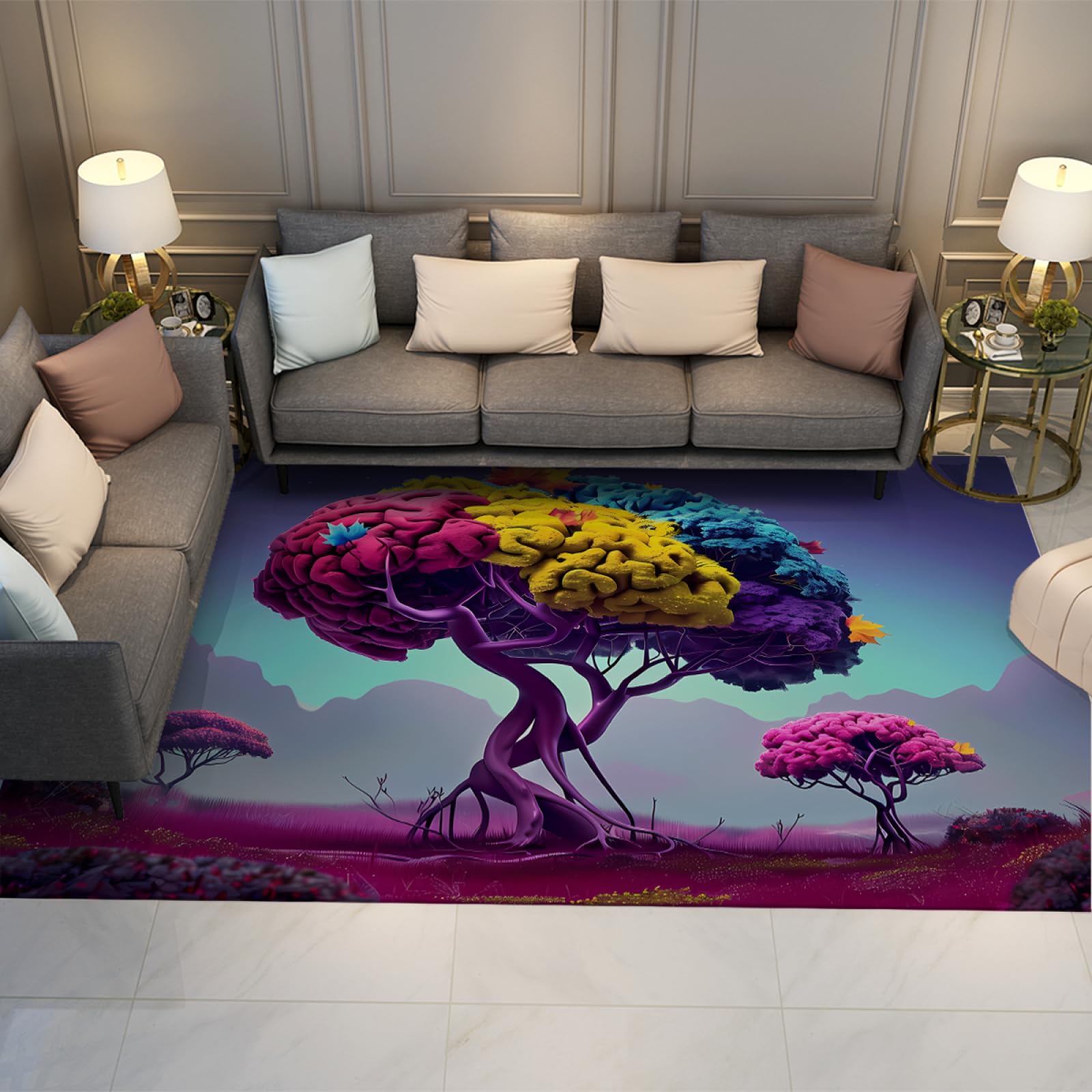 Grand tapis surréaliste 80x150cm arbre de vie lavable et mince