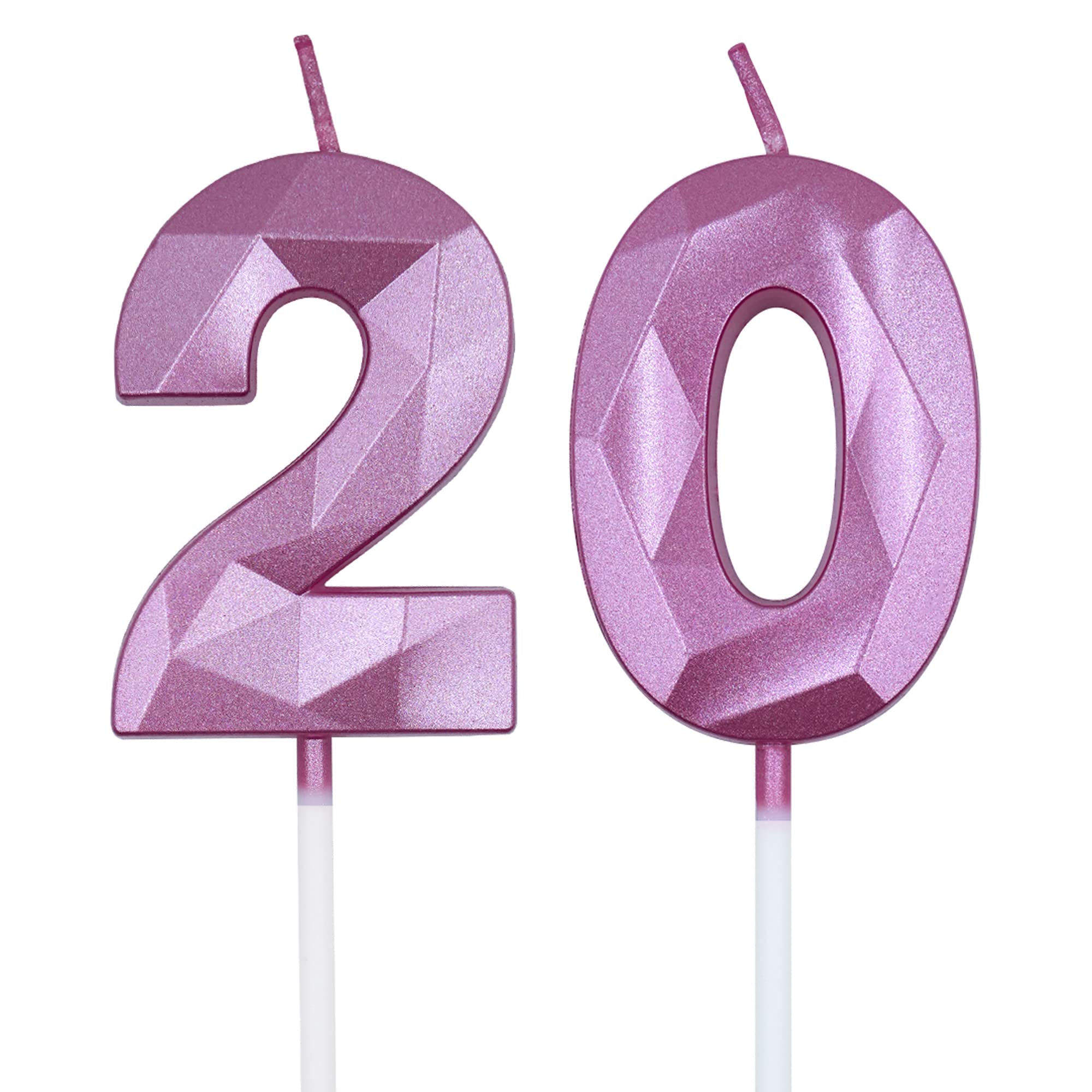 20th Birthday Candles for Cake, Pink Number 20 3D Diamond Shaped Candle Birthday Decorations Party Supplies for Girls, Boys, Women or Men