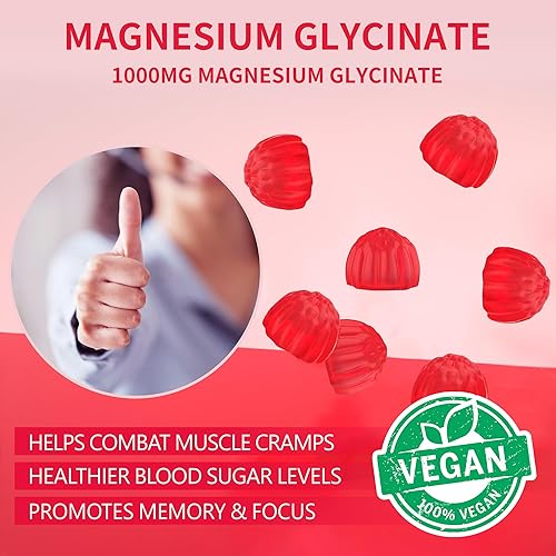 Miniatura 7 de Gomitas de glicinato de magnesio de 1000 mg  Suplemento de magnesio y potasio sin azúcar con vitamina D, B6, CoQ10 para un estado de ánimo tranquilo