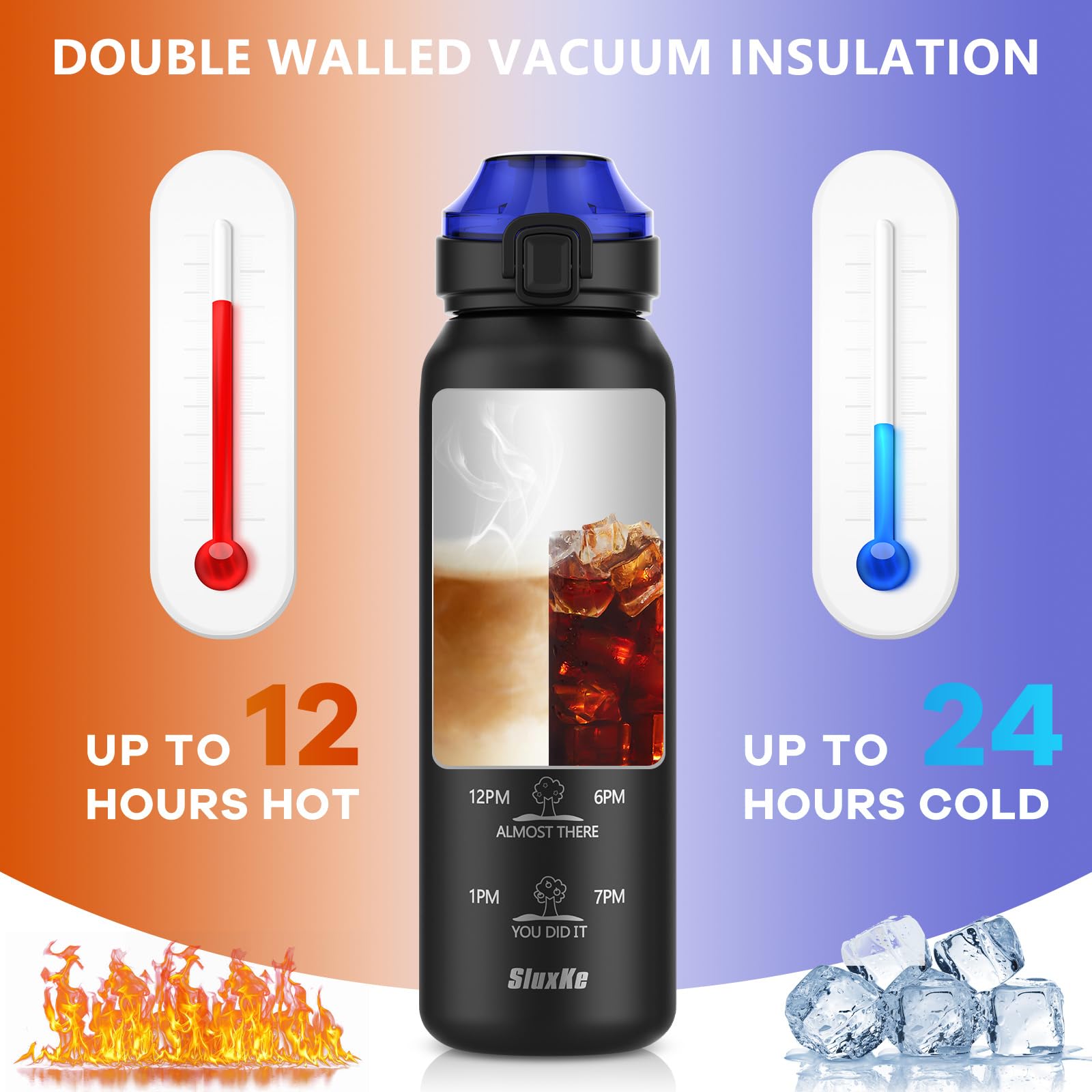 SLUXKE Borraccia Termica 1 Litri con Handle | Metallo Acciaio Inox Boraccia con Indicatore Del Tempo 1000ml, Senza BPA, Tenuta Stagna Borraccia per Sport, Escursioni, e Camping Nero