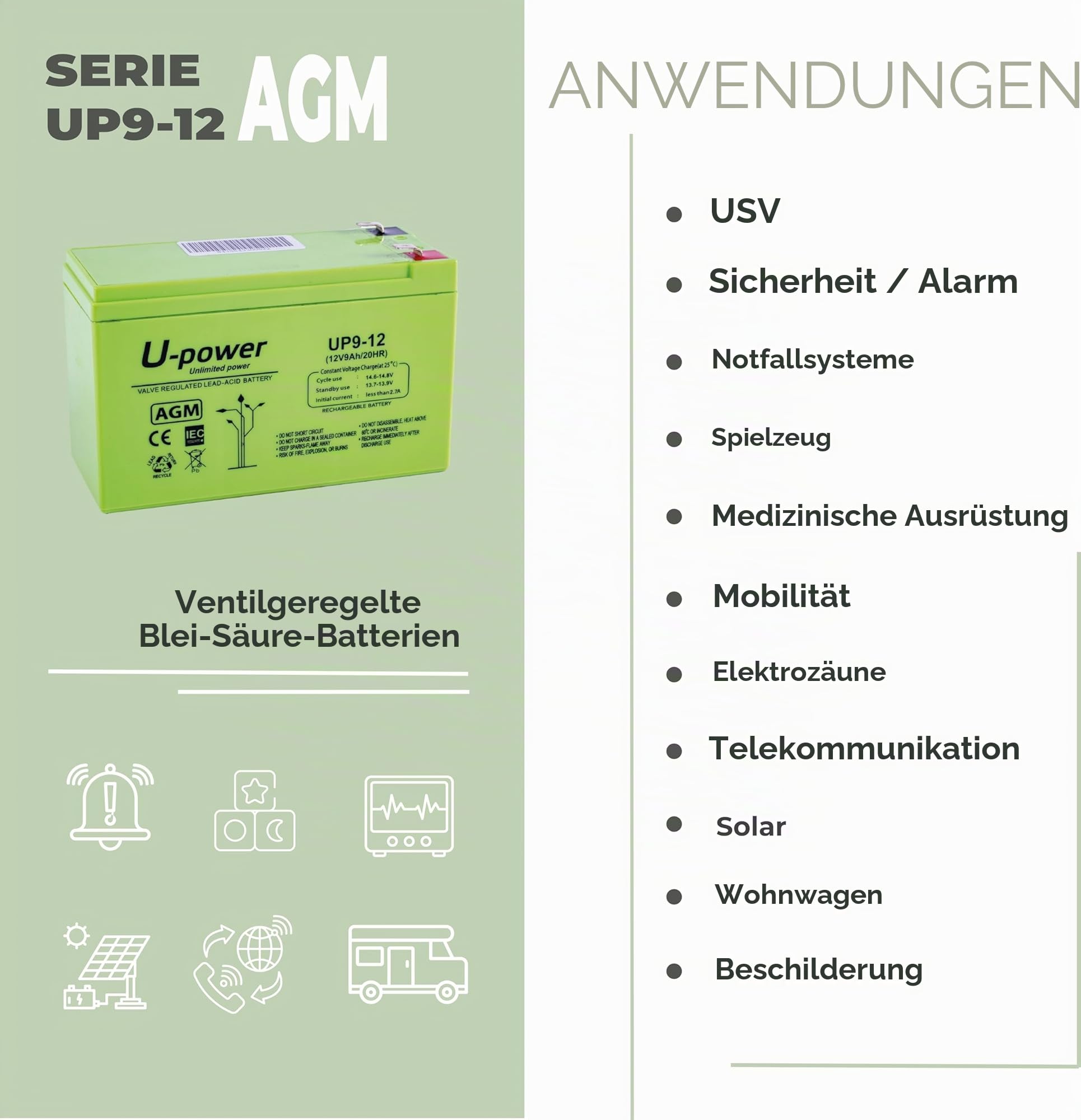 U-Power AGM Batterie 12V 9Ah, VRLA Bleiakku wartungsfrei, wiederaufladbar, Faston F2 (6,3 mm), für Alarmanlagen, USV/UPS, Sicherheit & Elektronik