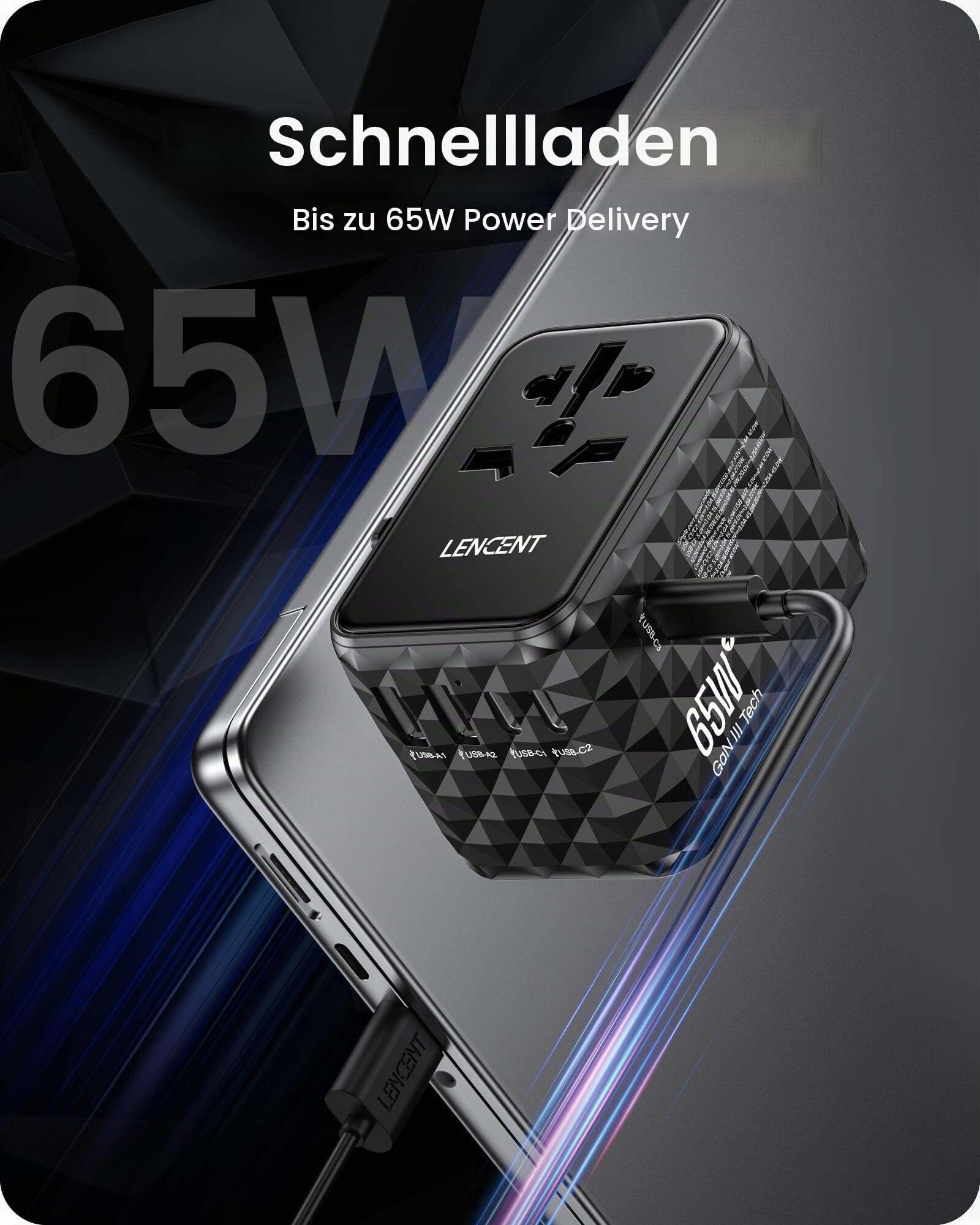 LENCENT Universal Reiseadapter 65W Schnellladung, Internationaler Adapter | Reisestecker für Typ A/C/G/I(UK,EU,AU,US) Steckdosen, 2 USB-A & 3 USB-C Schnelles Aufladen für Handy, Schwarz