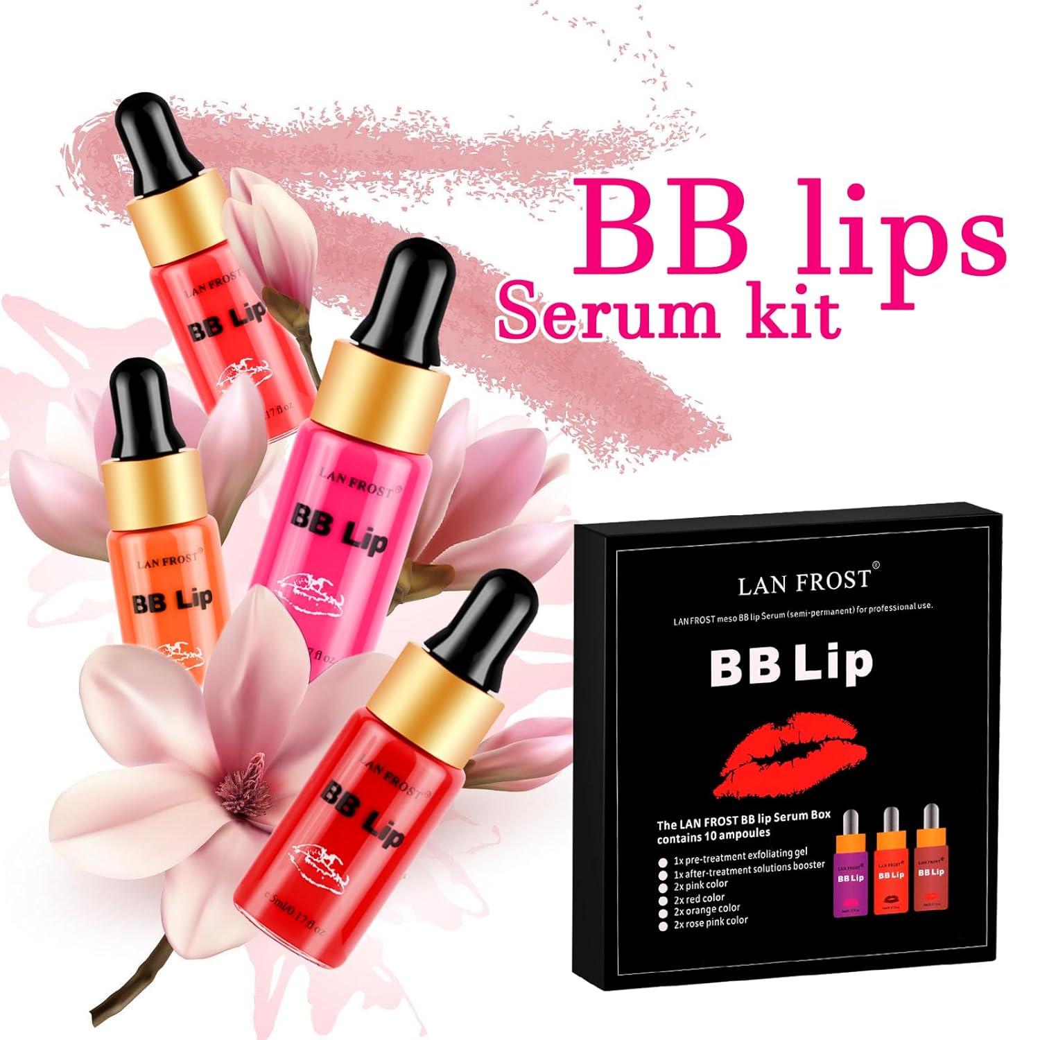 BB Lips Serum Starter Kit, Semi-permanent Makeup Treatment, Lip Gloss BB Lip Serum, Including 4 Colors of Liquid Lip Pigments, Exfoliating Gel and Intensifier