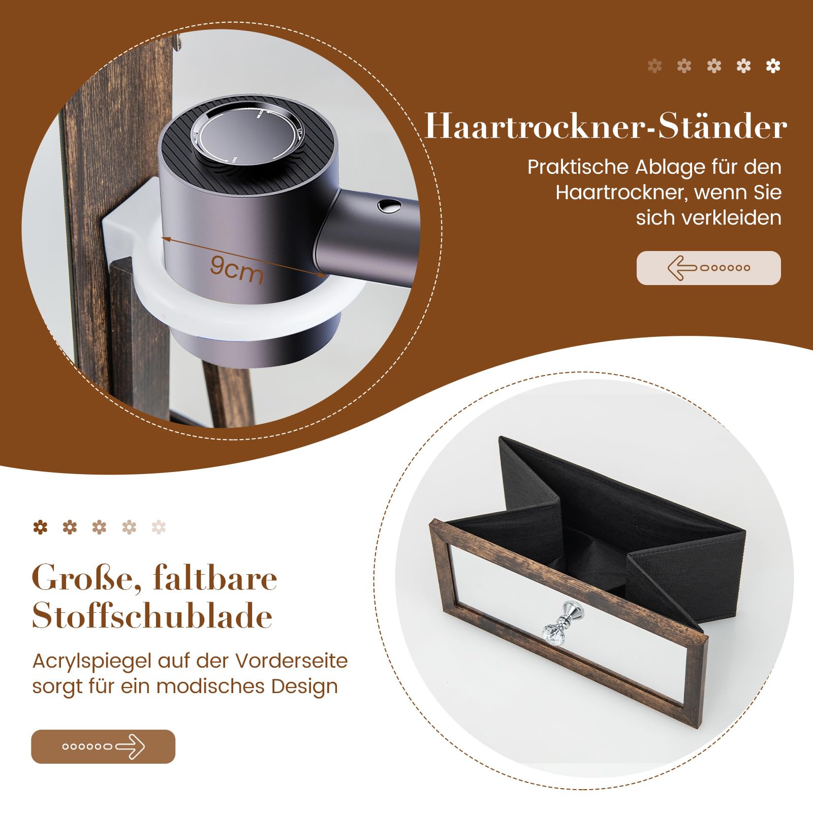 COSTWAY Szafka obracana o 360°, szafka z lustrem na całe ciało, lampki LED, szufladą i uchwytem na suszarkę do włosów, regał biżuteria, zamykany, lustro stojące
