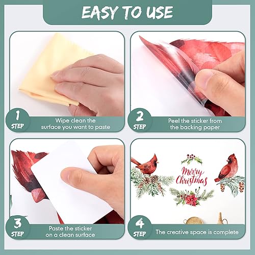 Miniatura 4 de Calcomanía de cardenal, 4 piezas, calcomanía de pared de Feliz Navidad, calcomanía de vinilo de pájaro rojo, conos de pino para ventana, para pared,