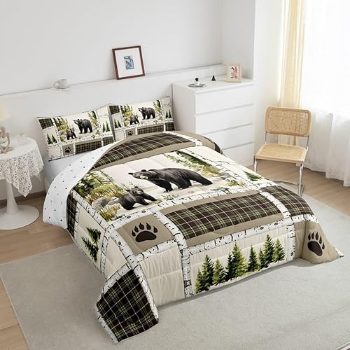 Miniatura 5 de Juego de ropa de cama individual de oso negro, edredón retro de animales de bosque de caza para cabaña de campo, juego de edredón de retazos verde y