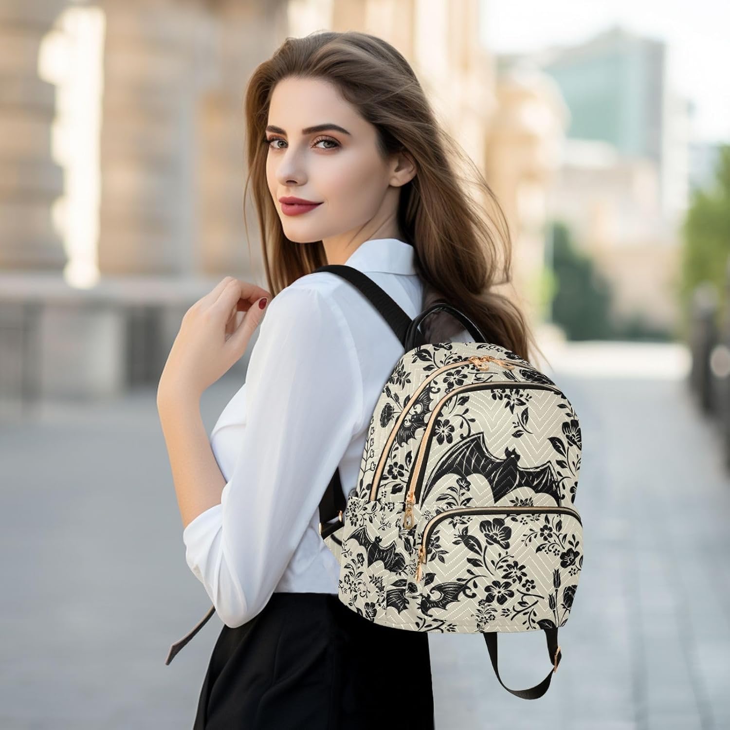 Goth Bat Flowers Quilted Backpack Purse for Women Fashion Small Backpack Shoulder Bag Travel Casual Daypack S - Image 6