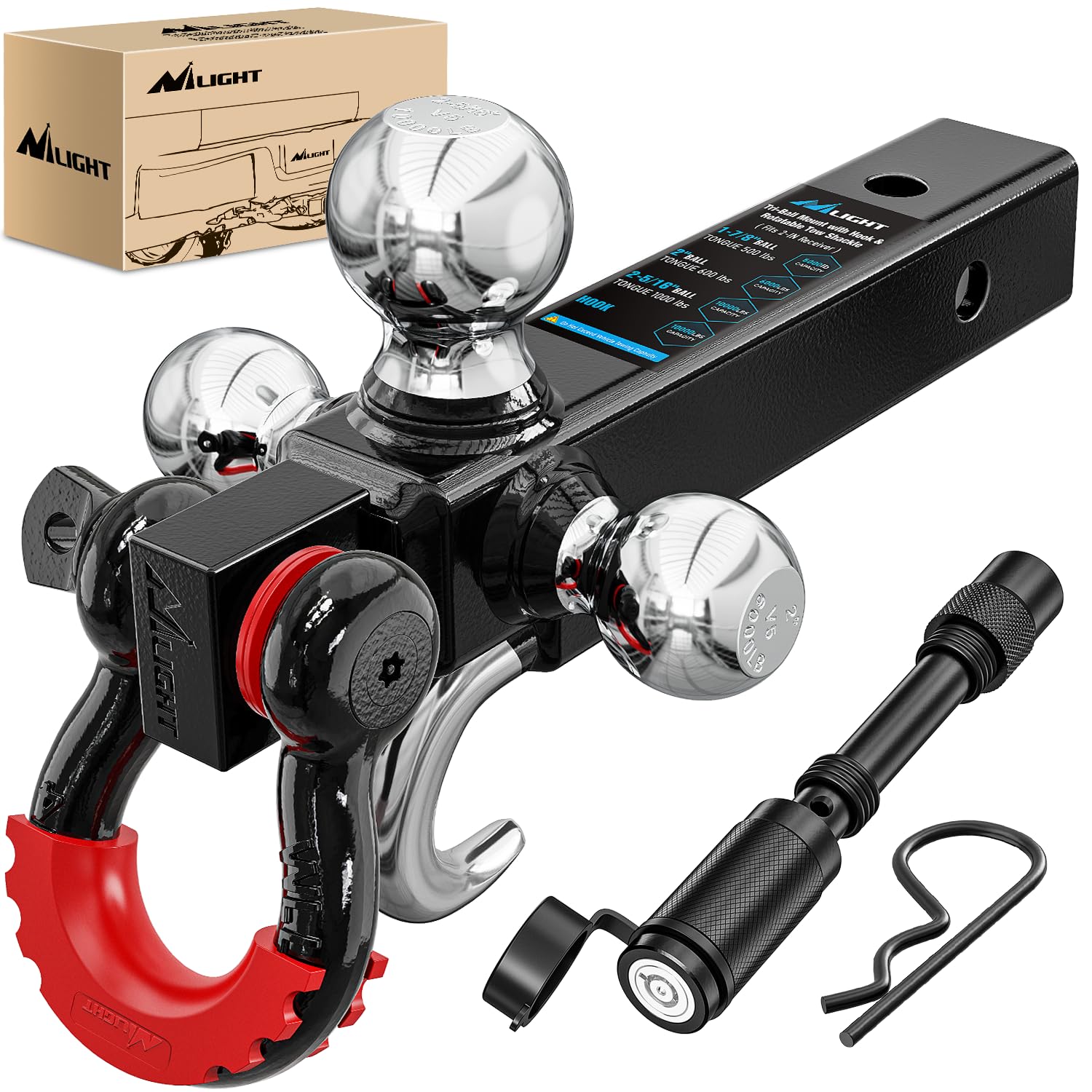 Nilight Trailer Hitch Tri-Ball Mount with Hook and Rotatable Tow Anti-Theft 3/4” Shackle Fits for 2inch Receiver Ball Size 1-7/8” 2” 2-5/16” GTW from 5000lbs to 10000lbs for RV SUV ATV Truck