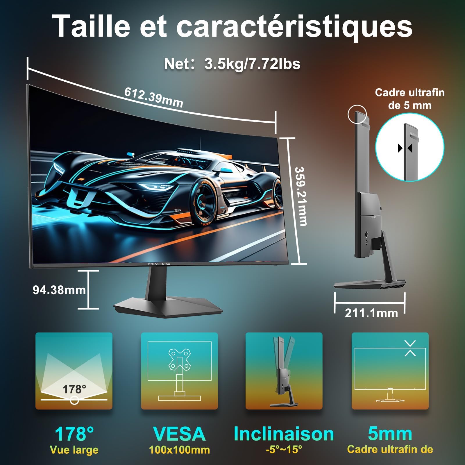 Minifire Écran PC Incurvé 27 Pouces 100Hz,Panneau VA FHD(1920x1080p)