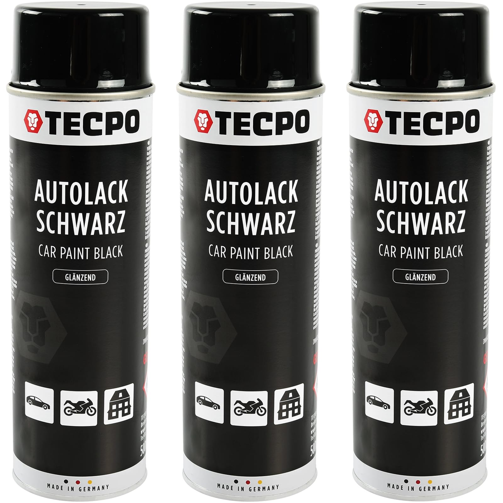 TECPO Spray de peinture noir brillant - 3 x 500 ml - Peinture de voiture - Noir rallye - Spray de peinture avec haut pouvoir couvrant - Pour l'intérieur et l'extérieur