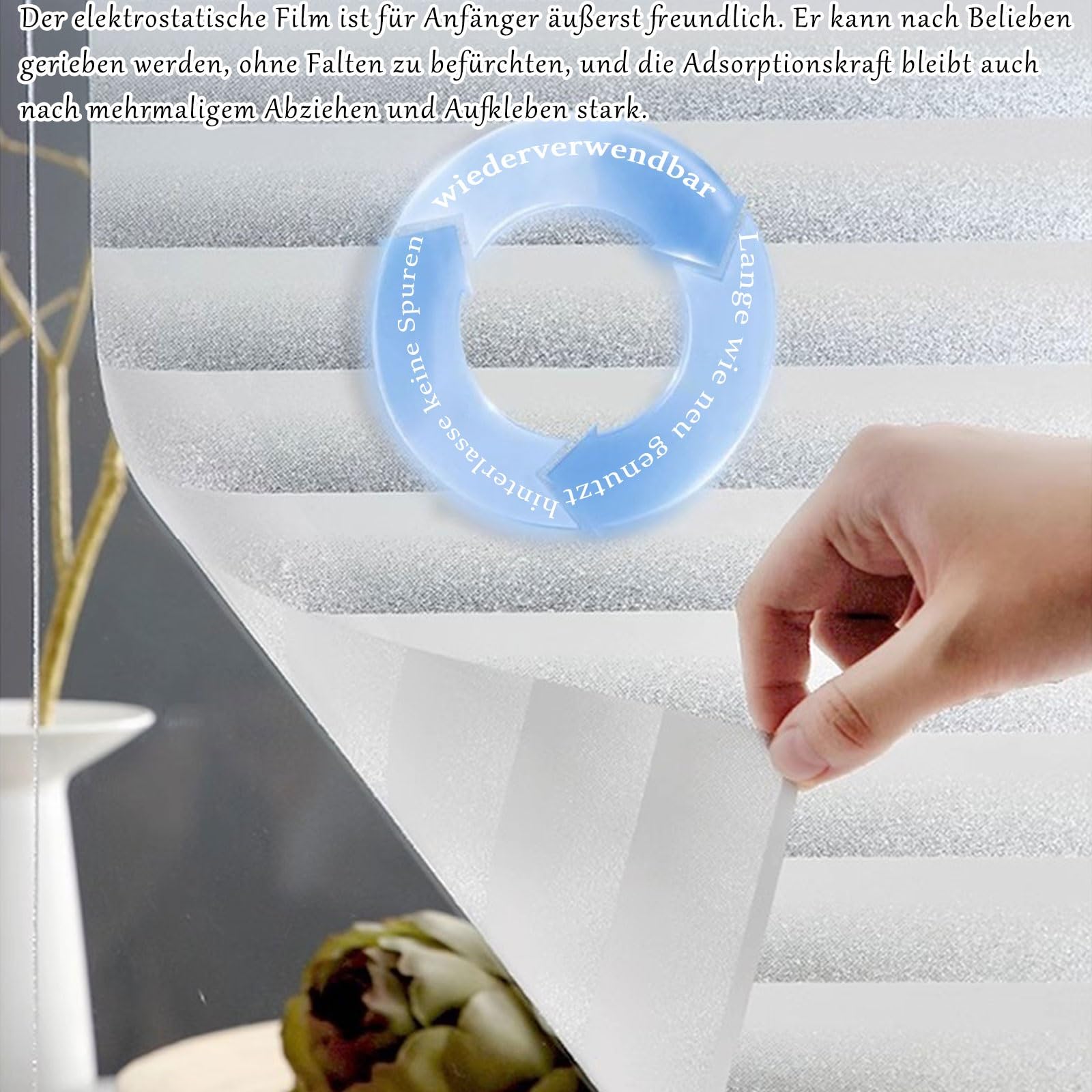 Blickdicht Fensterfolie Selbsthaftend Scheibenfolie Sichtschutzfolie Statischer Film Ohne Klebstoff Wiederverwendung Vertikale Streifen Muster Milchglasfolie Dekor Folie für Küche Schiebetüren