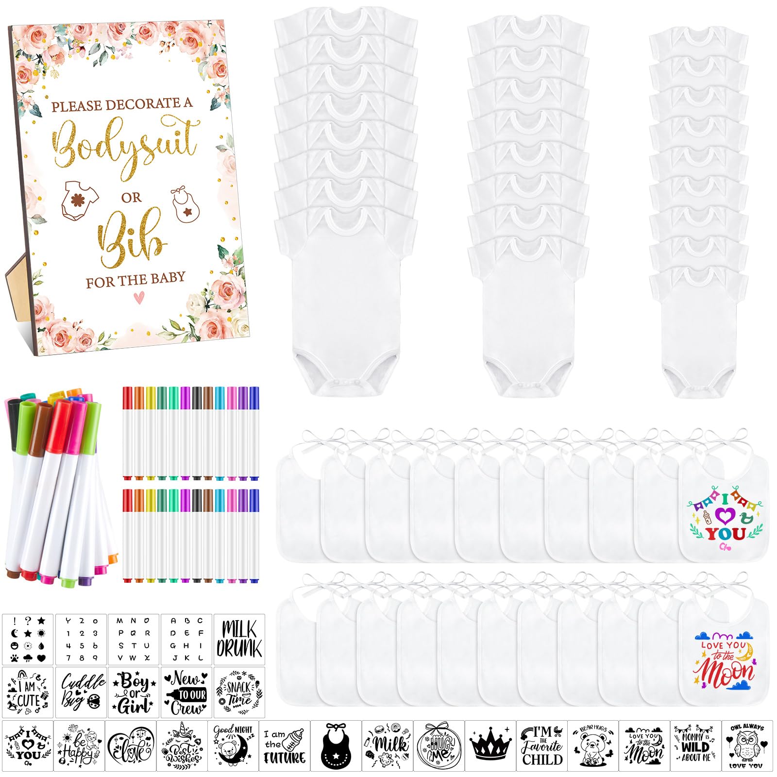 Panitay 100 Pcs Blank Bib Bodysuit Baby Shower Set Baby Shower Sign Blank Feeder Bib DIY Bodysuit Fabric Colorful Marker(Floral)