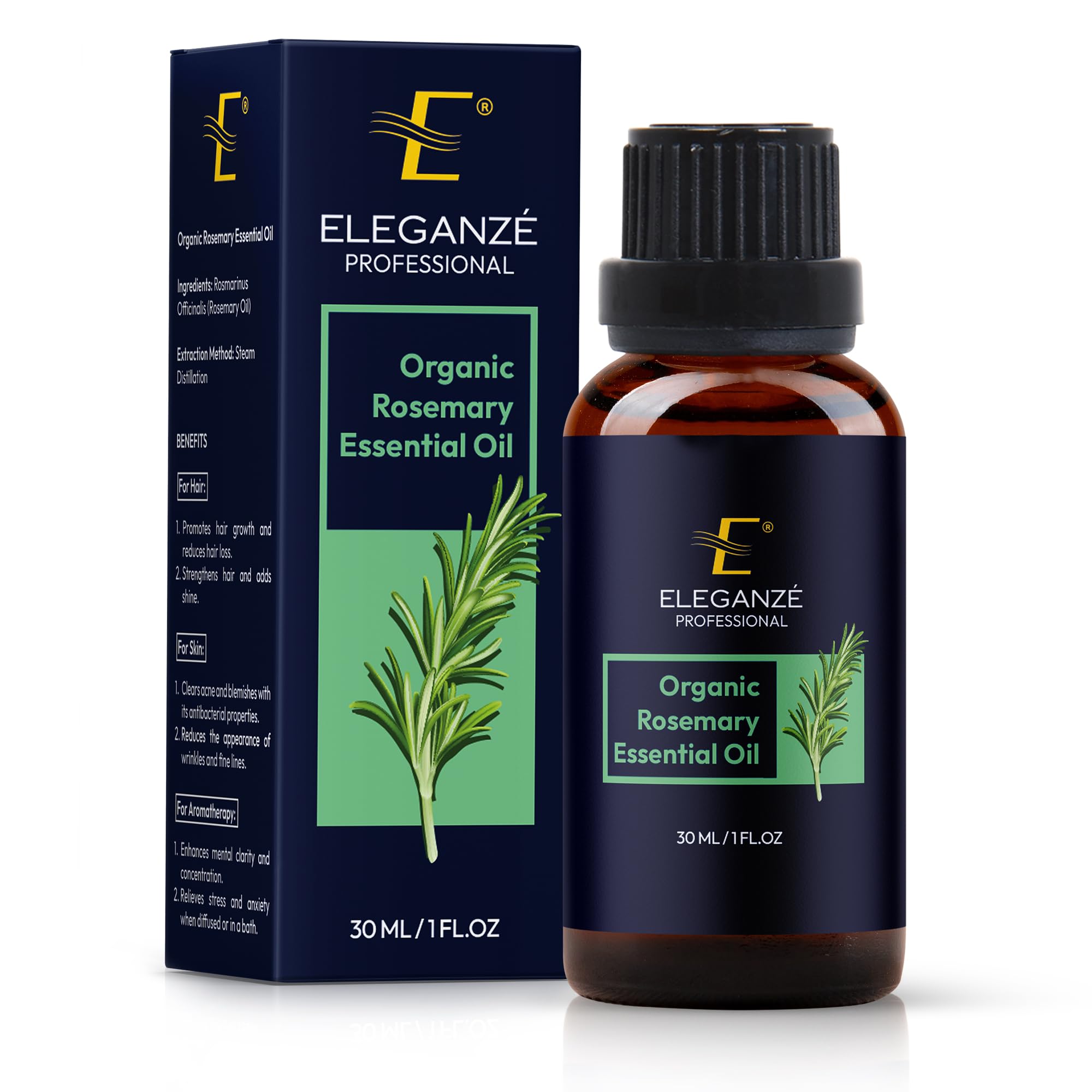 ELEGANZÉ PROFESSIONAL" Organic Rosemary Oil for Hair Growth & Scalp Care - 100% Pure, Clinically Tested Essential Oil for Nourishment, Strength, and Aromatherapy - 1 fl oz/30 ml."