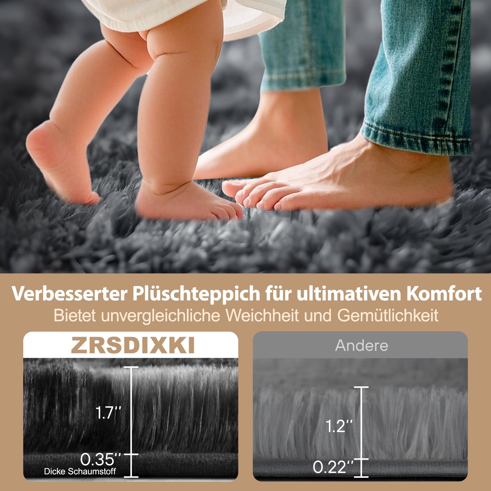 Teppich Wohnzimmer 200 x 300 cm: Hochflor Teppich Grau | Flauschiger Shaggy Teppich, Waschbar & Rutschhemmend, Weicher Polyester Teppiches für Schlafzimmer, Kinderzimmer