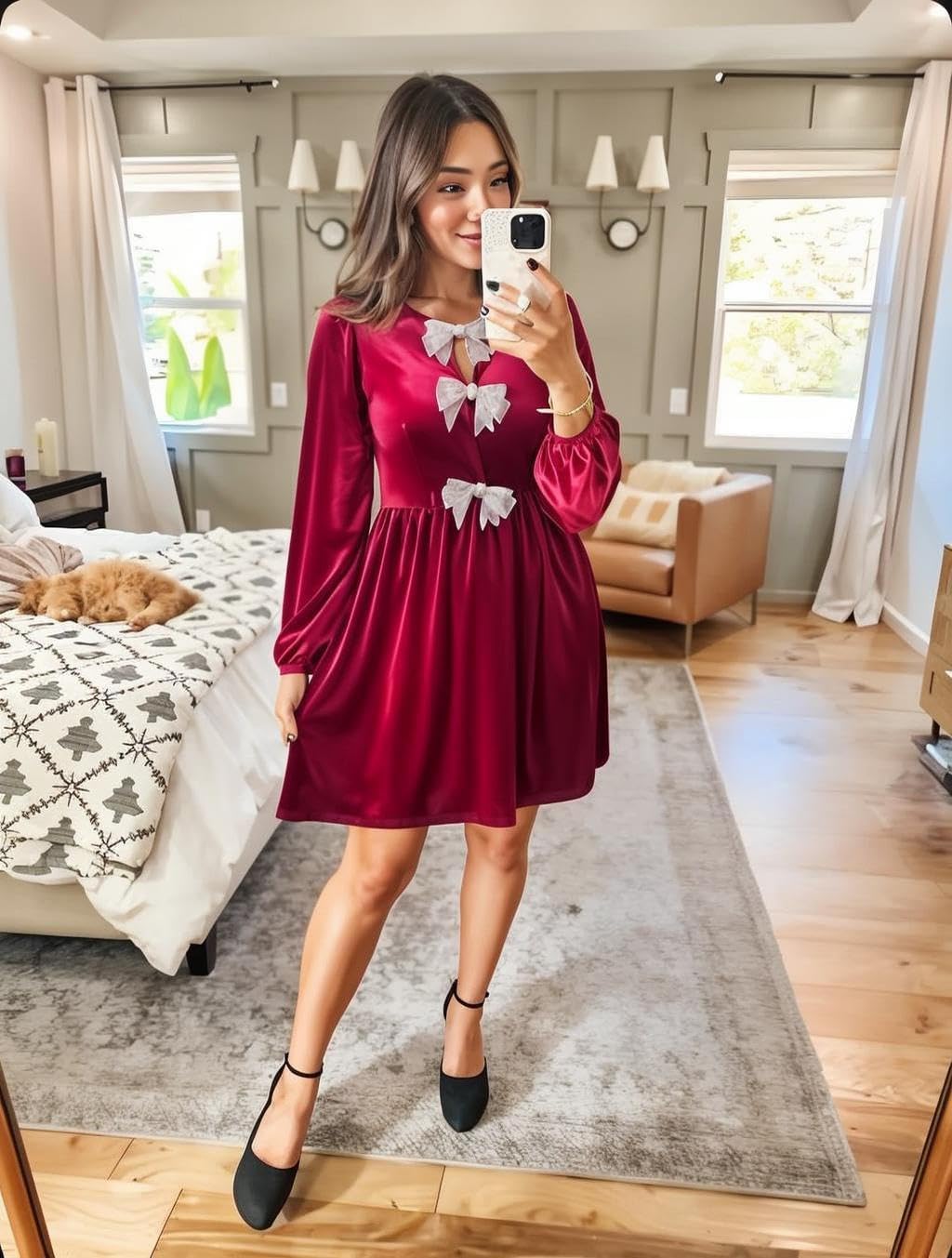 Happy Sailed Womens Velvet Dress Fall Winter Long Sleeve Bowknot High Waisted A Line Cocktail Dresses for Wedding Guest - Image 2