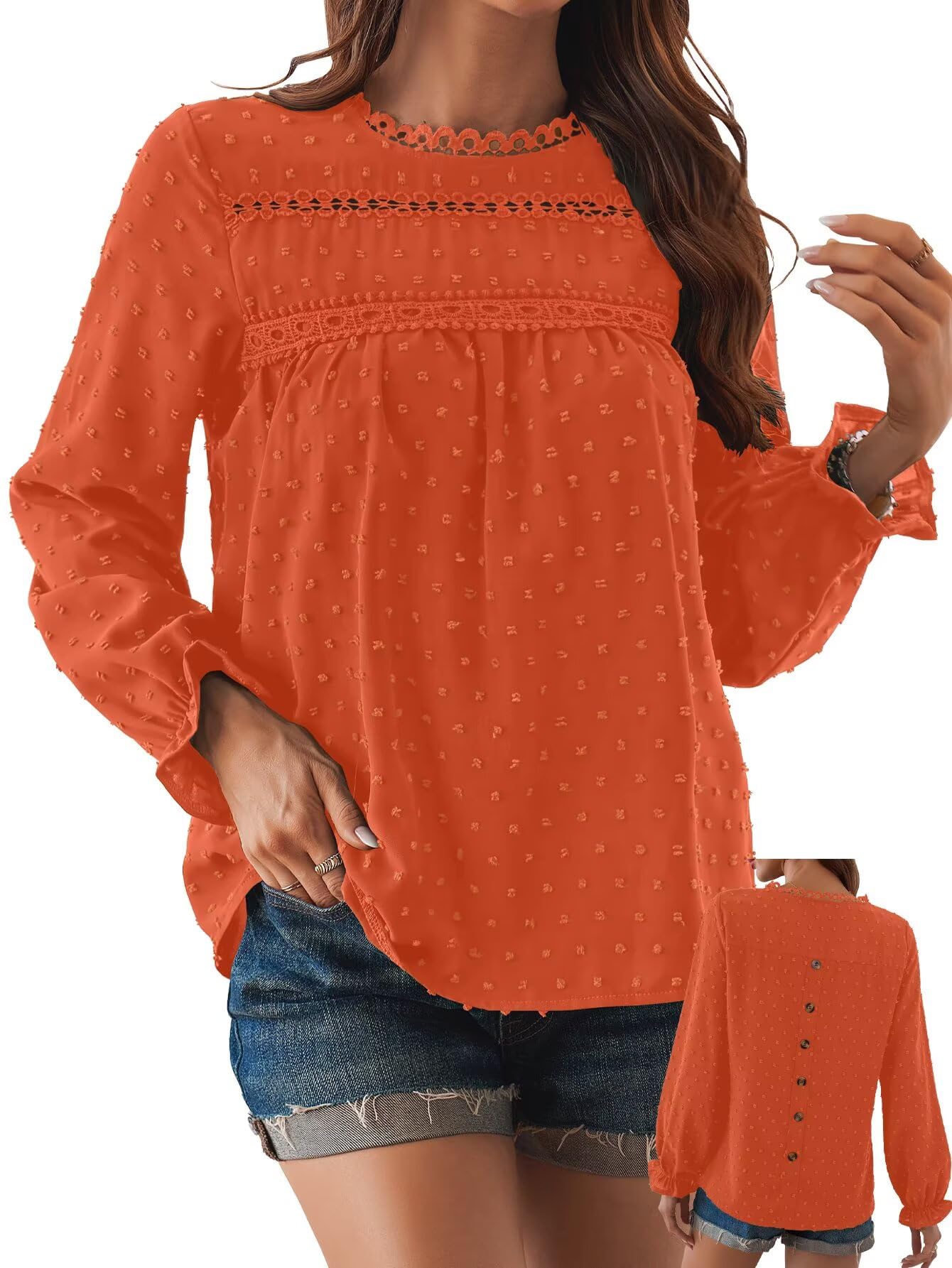 Falechay Womens Boho Tops Long Sleeve Shirts for Women Cute Crewneck Blouse Dressy Casual Swiss Dot Crochet Hollow Top 2026