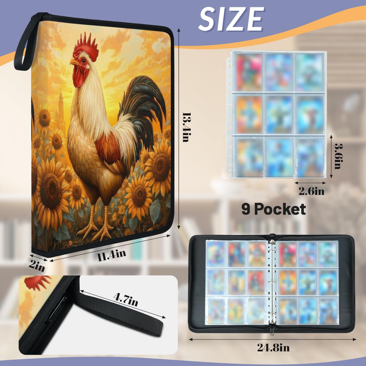 Carpeta para tarjetas de intercambio con 9 bolsillos, diseño de gallo y girasol, álbum de tarjetas con fundas extraíbles, impermeable, con cremallera, capacidad para 50 páginas y 900 tarjetas