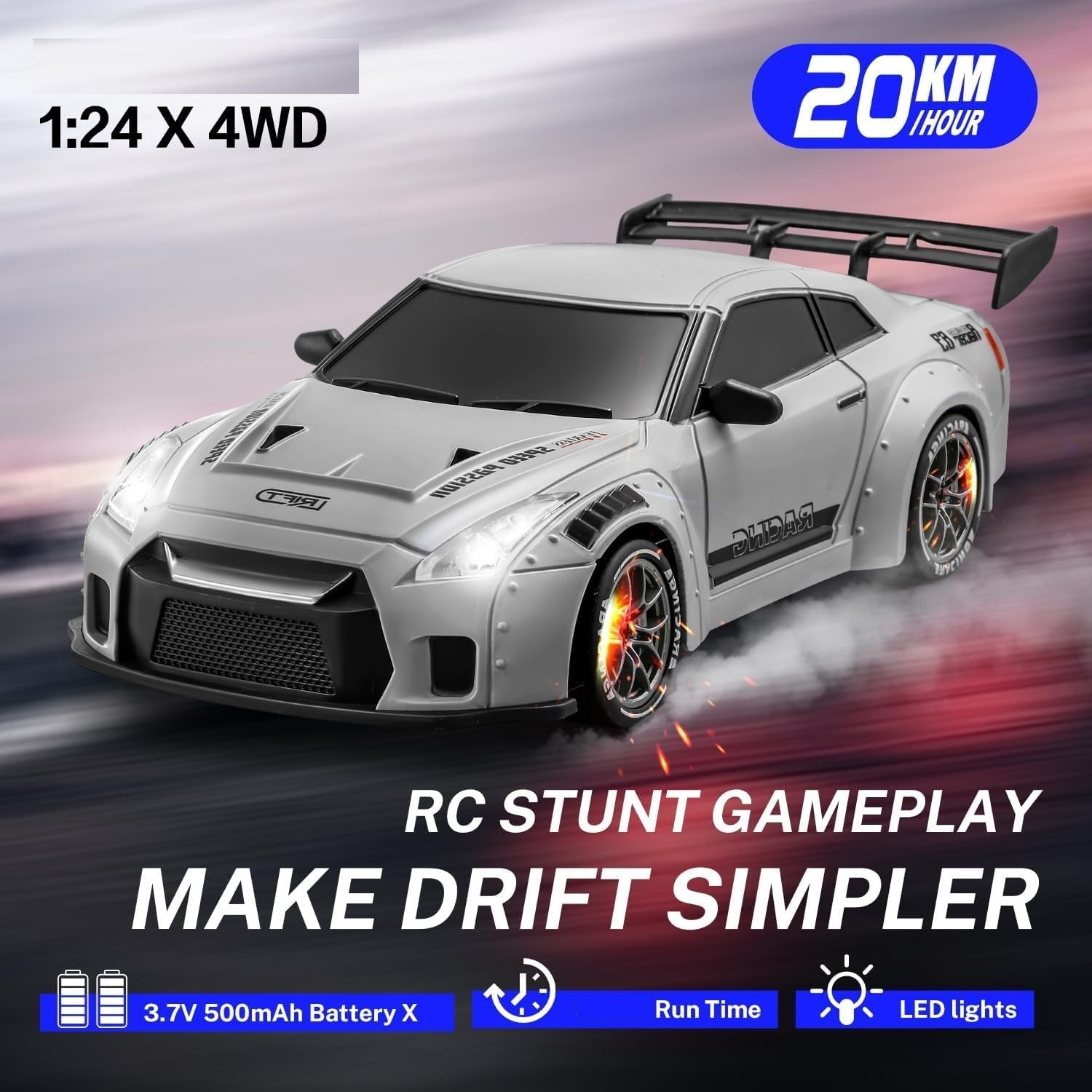 Jack Royal Tokyo Drift Remote Control 1:20 Scale Drift Car | 20Kmph, 2.4Ghz | 4 Wheel Drive Boost Mode with Type -C Charging 2 in 1 App + Remote Re-cahrgeable Drifting Car with LED Head Light — Amazon image 3