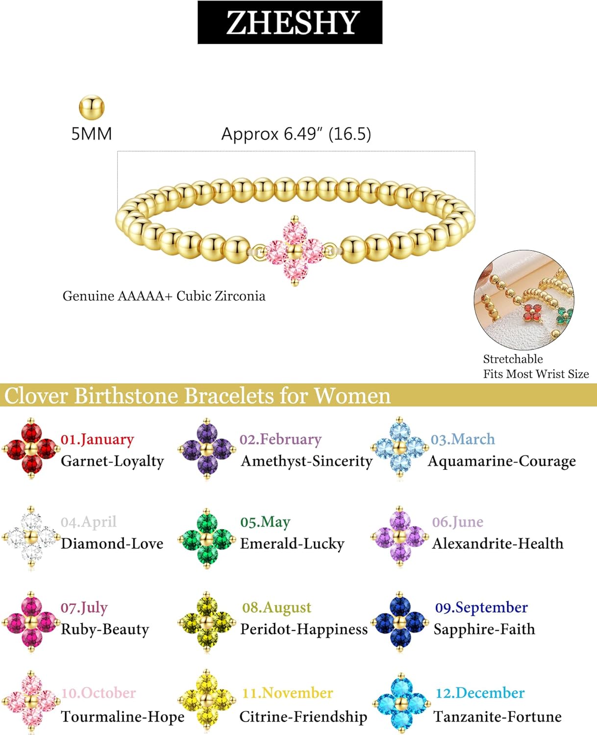 Birthstone Gold Bracelets for Women Trendy Clover Charm Bracelets Non Tarnish 14K Gold Plated Stretch Beaded Friendship Bracelets Womens Jewelry Valentine's Day Gift - Image 3