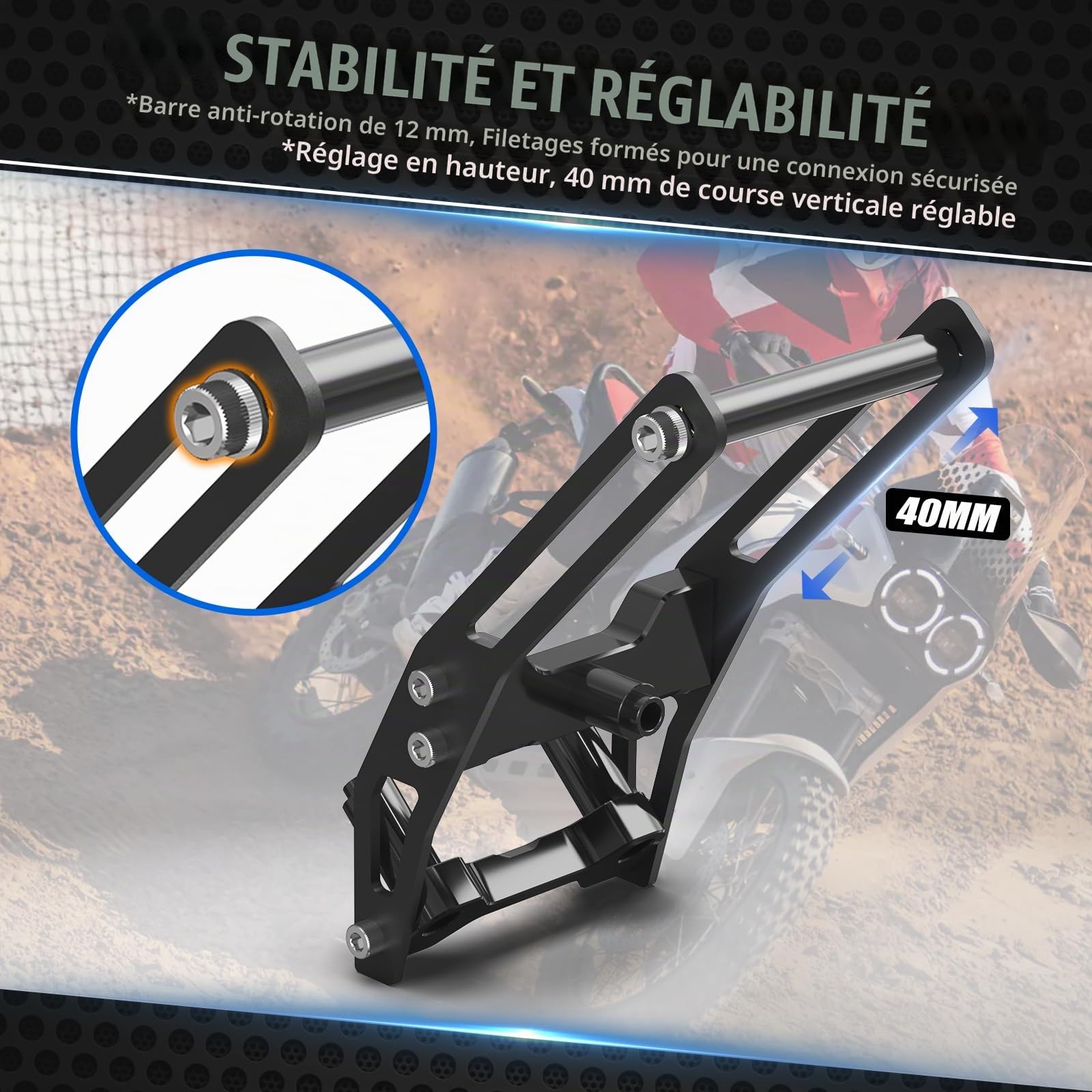 NICECNC Support de téléphone GPS Compatible with Ducati DesertX 2024, DesertX Rally, usiné CNC, Surface anodisée, 40 mm de débattement Vertical réglable