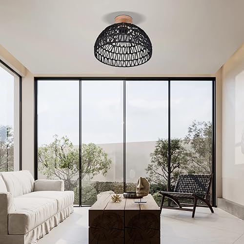 Miniatura 3 de Arturesthome Lámpara de techo de ratán de cuerda de cáñamo negra, lámpara de techo semibohemia, tambor de mimbre, lámpara rústica de granja para