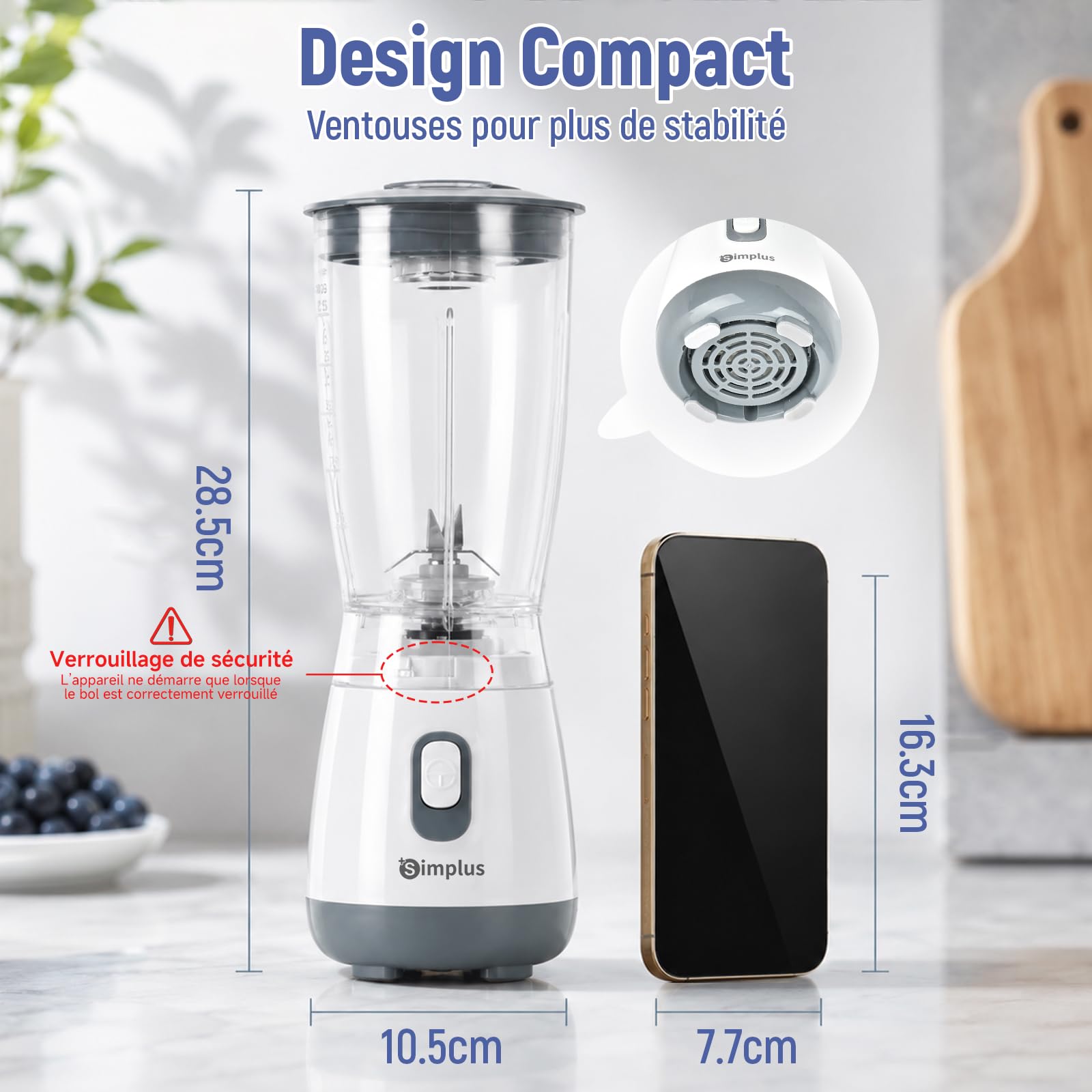 SIMPLUS Blender Mixeur, 600ml Mini Blender, Blinder Mixeur avec 4 Lames Acier Inoxydable, 23000RPM, Extracteur de Jus Électrique pour Fruits, Shake, Smoothie et Aliments pour Bébés, Sans BPA, Blanc