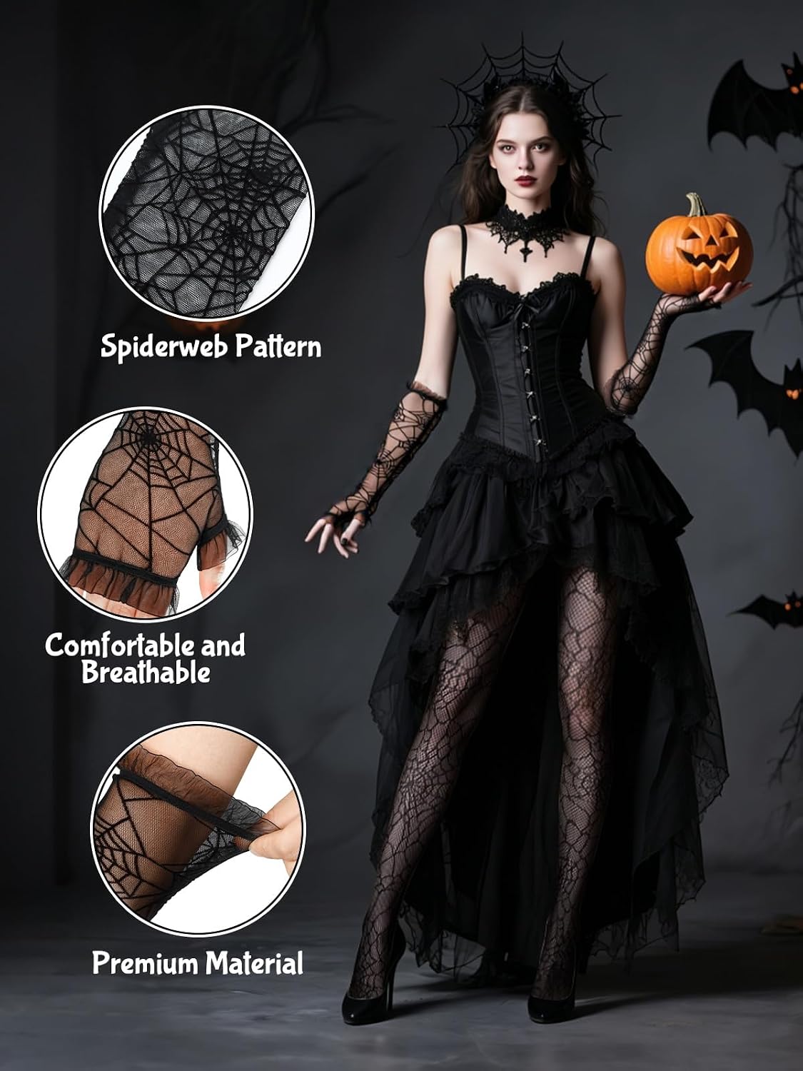 2 Pcs Halloween Spider Web Tights and Gloves Spooky Witch Costume