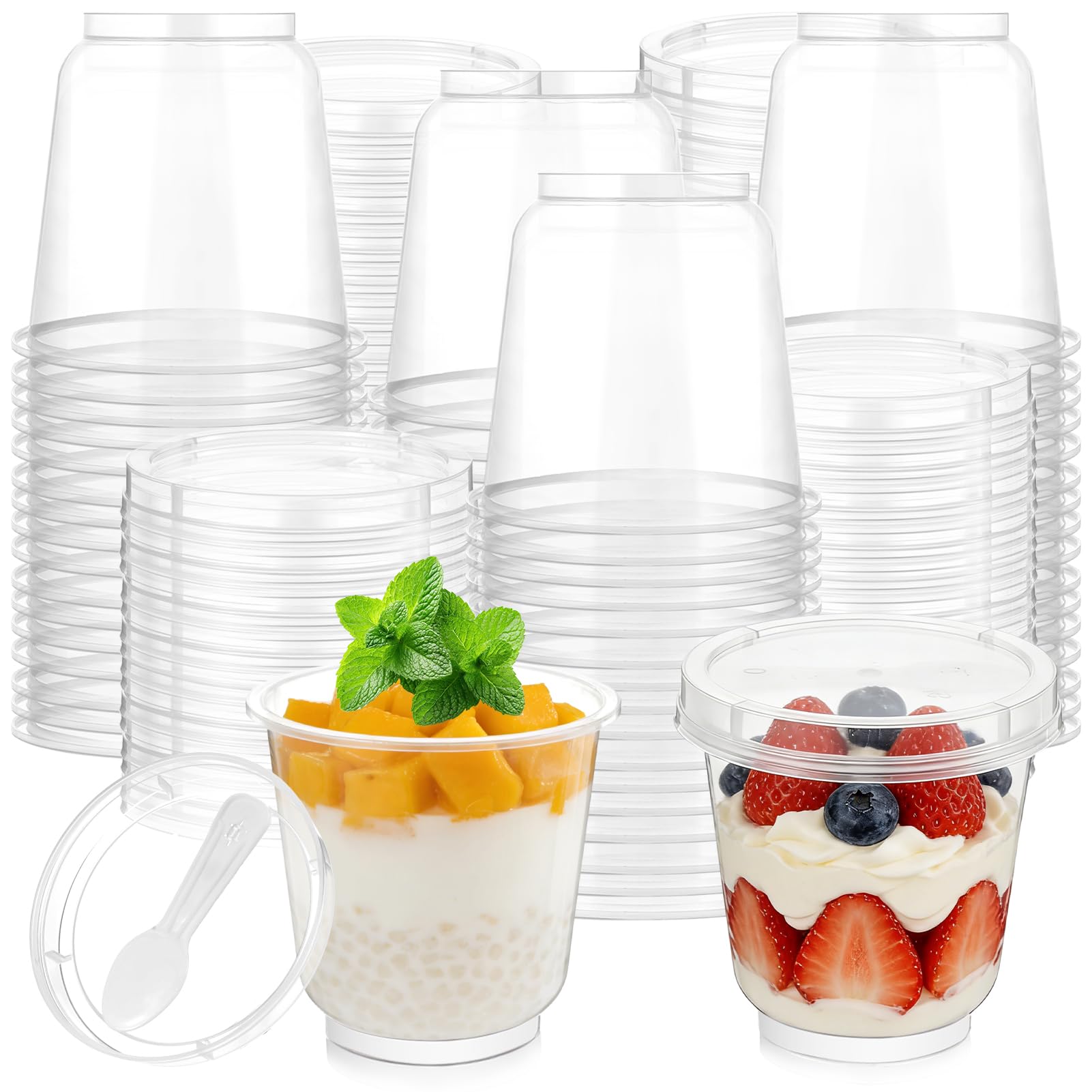 100 Pack 9 oz Plastic Dessert Cups with Lids and Spoons, Clear Yogurt Parfait Appetizer Cups for Wedding Party, Mini Dessert Shooter Cups for Pudding Jello Milkshake Fruit Ice Cream