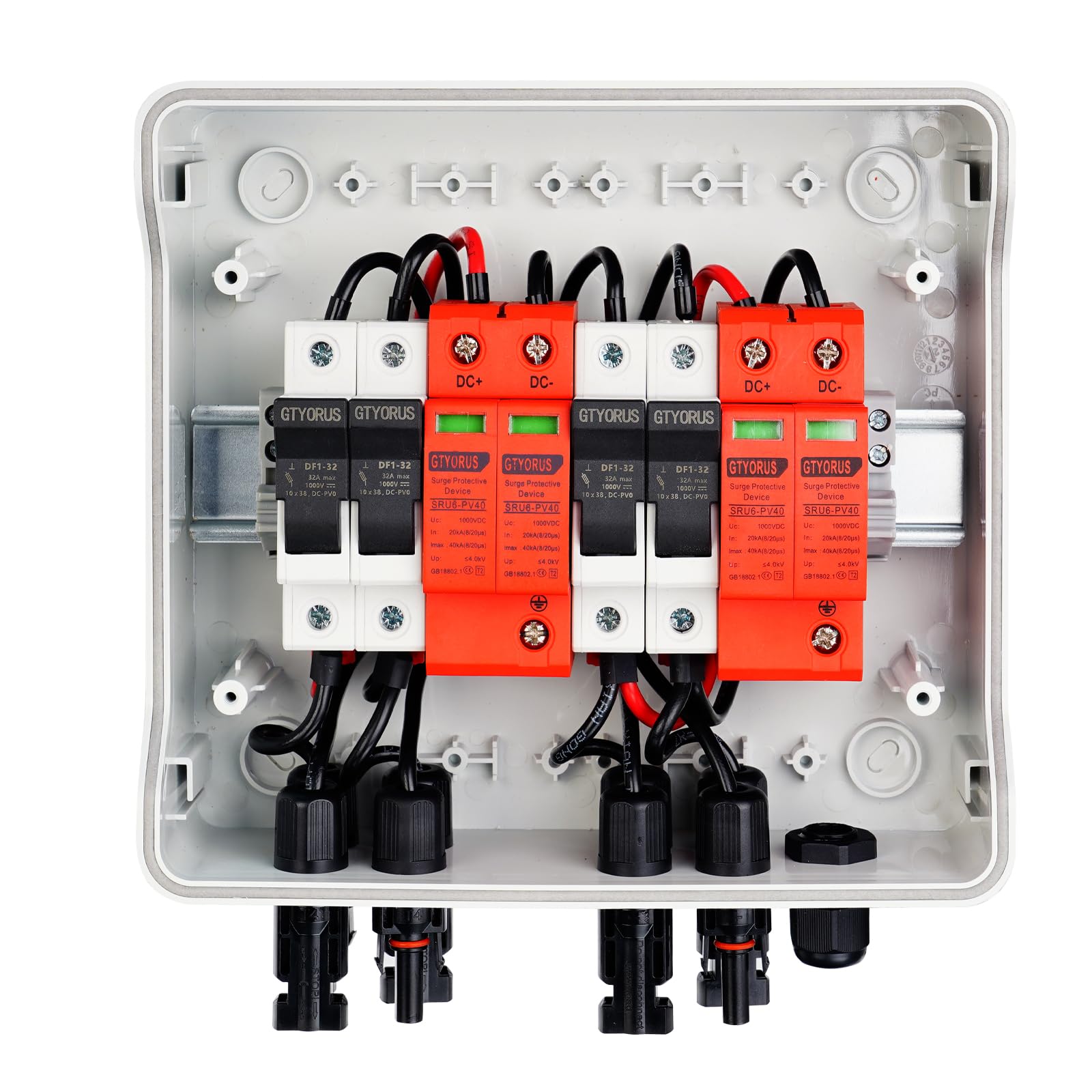 Scatola di Giunzione Solare Fotovoltaica, IP65 Scatola di Fusibili 2P DC 1000V 32A con Protezione Dalle Sovratensioni, 2 Stringhe di 9 Moduli (2 in 2 uscita)
