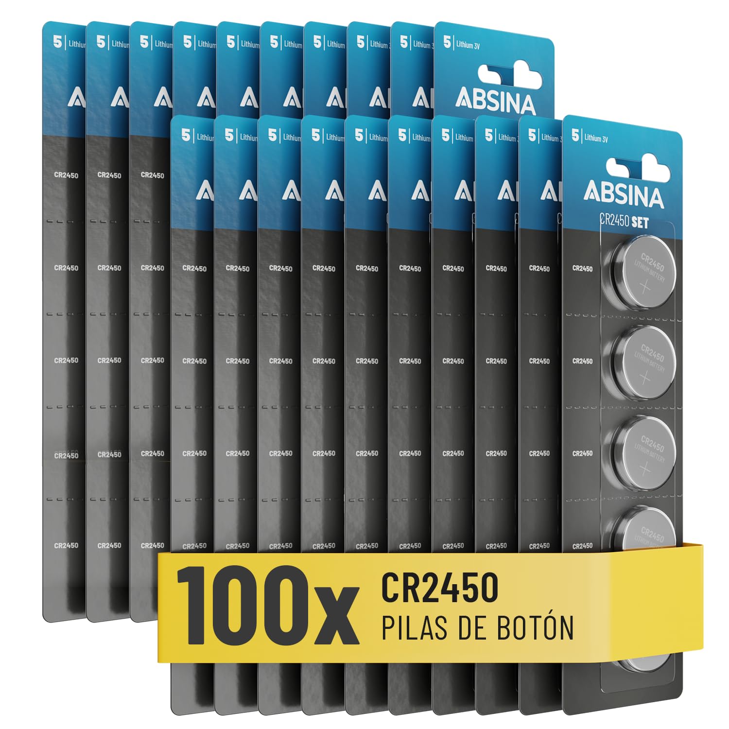 ABSINA CR2450 3V Lithium Battery | Paquete de 100 - Pilas CR 2450 a prueba fugas y larga durabilidad