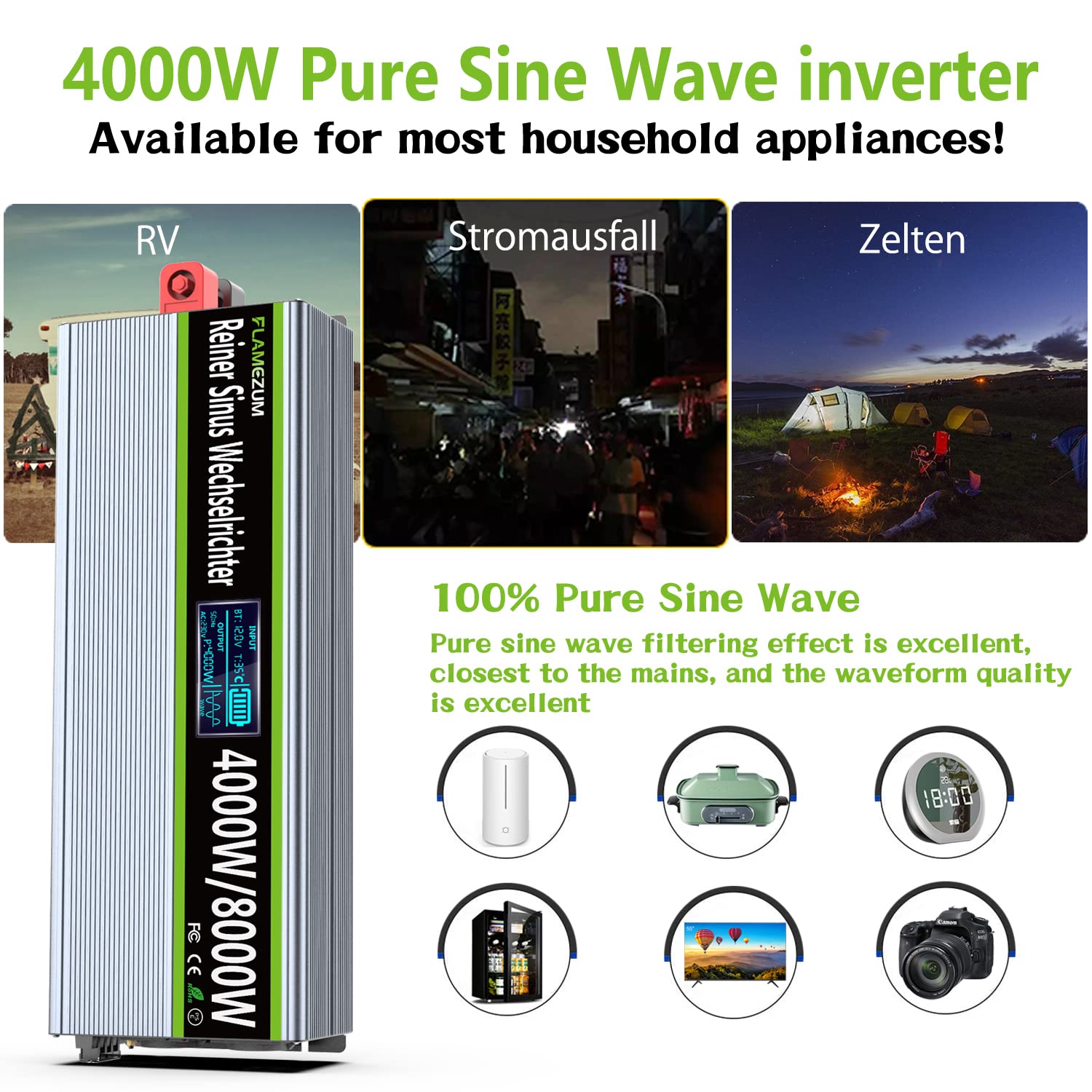 4000W/8000W Power Inverter 12v 220v Onda Pura Transformatore di Tension Convertitore Invertitore di Tensione-2 EU Presa con Uscita USB Telecomando Adatto per frigoriferi,Elettrosega