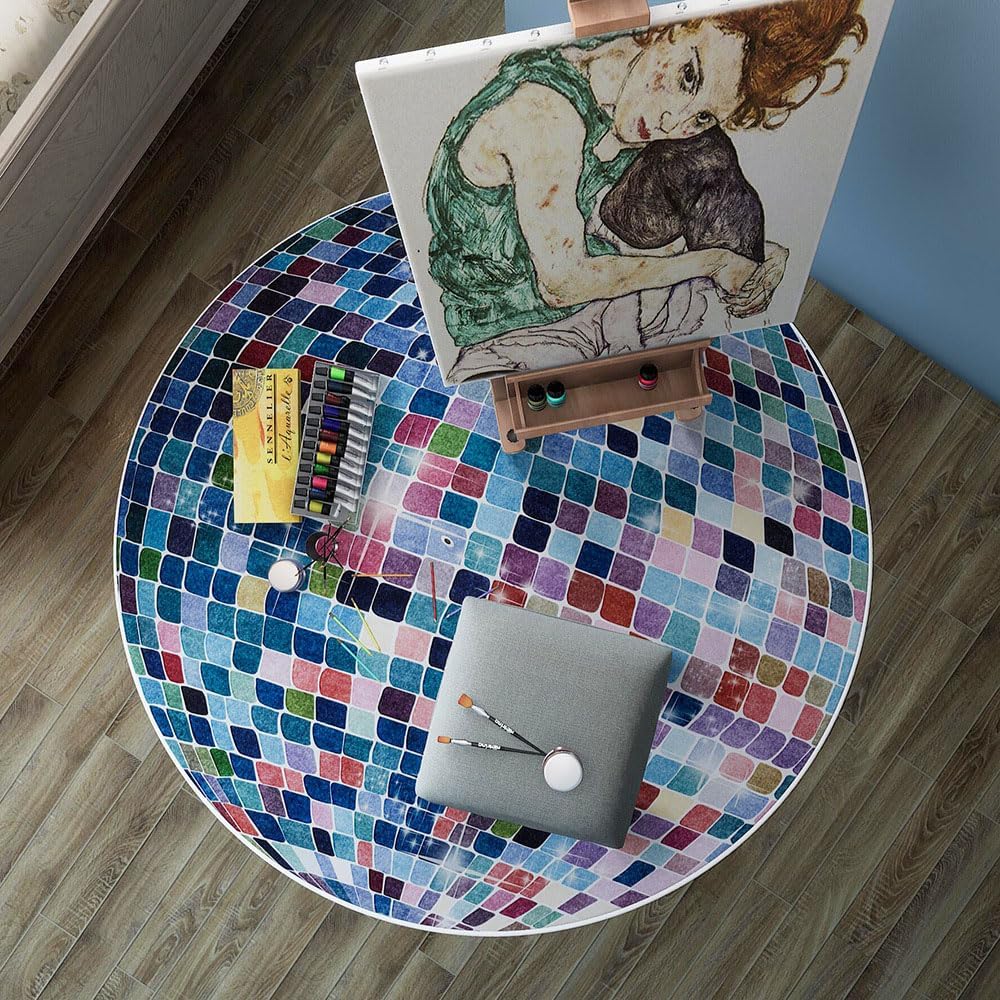 Round Area Rugs,Disco Super Soft Retro Non-Slip Carpet Door Mat for Bathroom Bedroom Bath Bedside Floor Mats (Blue, 4 Feet)