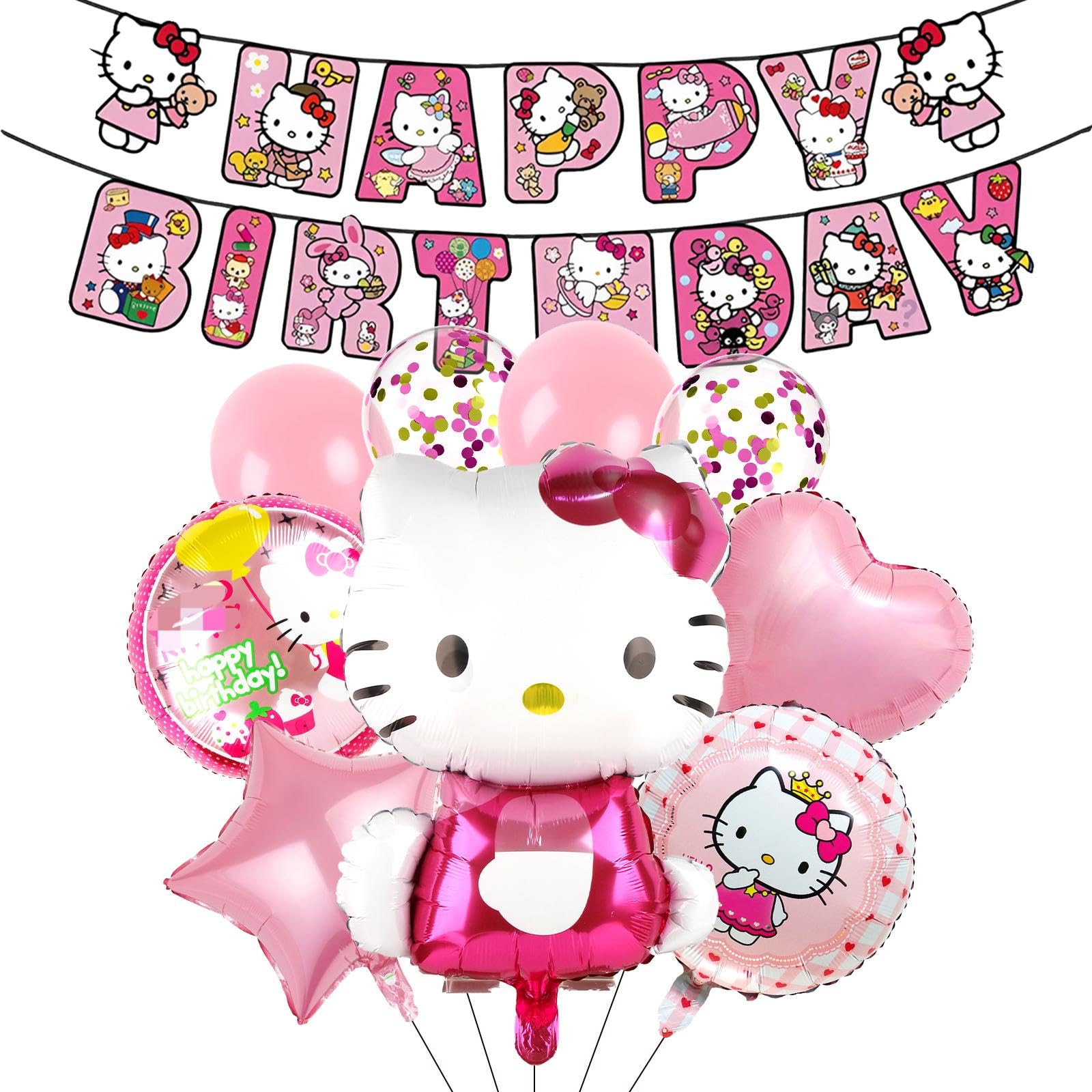 10PCS Kity Party Balloons, Cartoon Cat Foil Balloon Happy Birthday Banner, Cat Theme Birthday Decorations Set with Latex Balloons Party Supplies for Boys Girls Kids