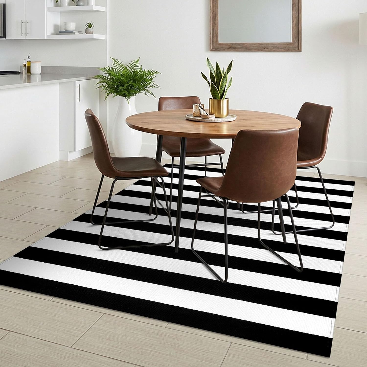 KILOCOCO Black White Striped Rug - 4'X6' Front Door Mat Outdoor, Welcome Mats Rugs Cotton Washable Front Porch Rug Layered Doormats for Kitchen Farmhouse Entryway