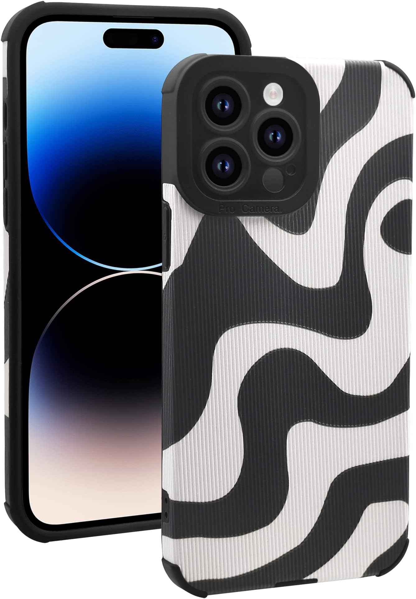 Designed for iPhone 14 Pro Max Case Cute Wave Pattern Design Black Protective Case for Women Girls PU Leather Silicone Slim Shockproof Cover for iPhone 14 Pro Max 6.7", Beige White