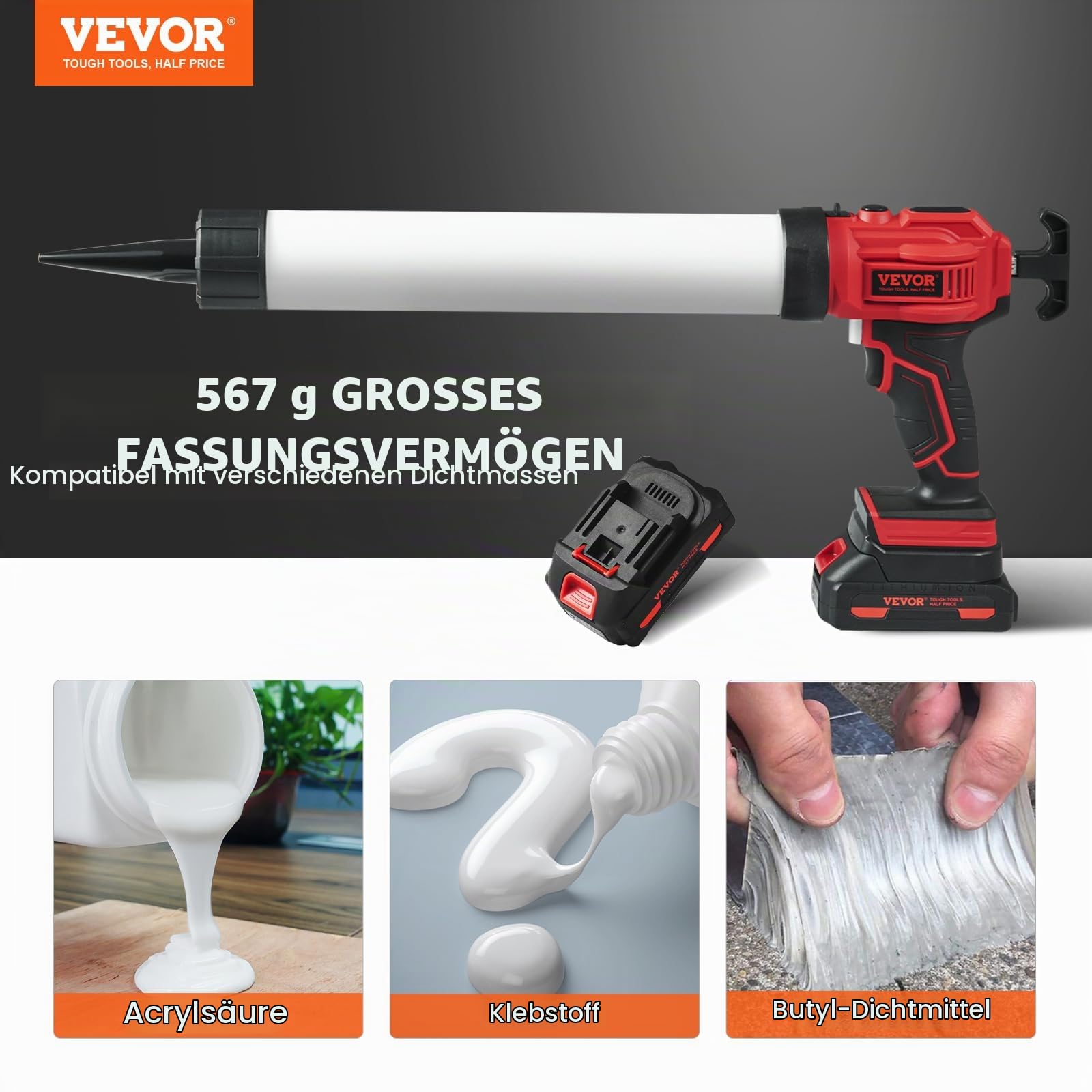 VEVOR Akku-Kartuschenpistole Kartuschenpresse Silikonpistole (20 V, für 600 ml-Kartuschen, bis zu 270 kg, 4-Gang einstellbare Drehzahl, Inkl. Akku und Ladegerät) Kompatibel mit Acrylsäure, Klebstoffe
