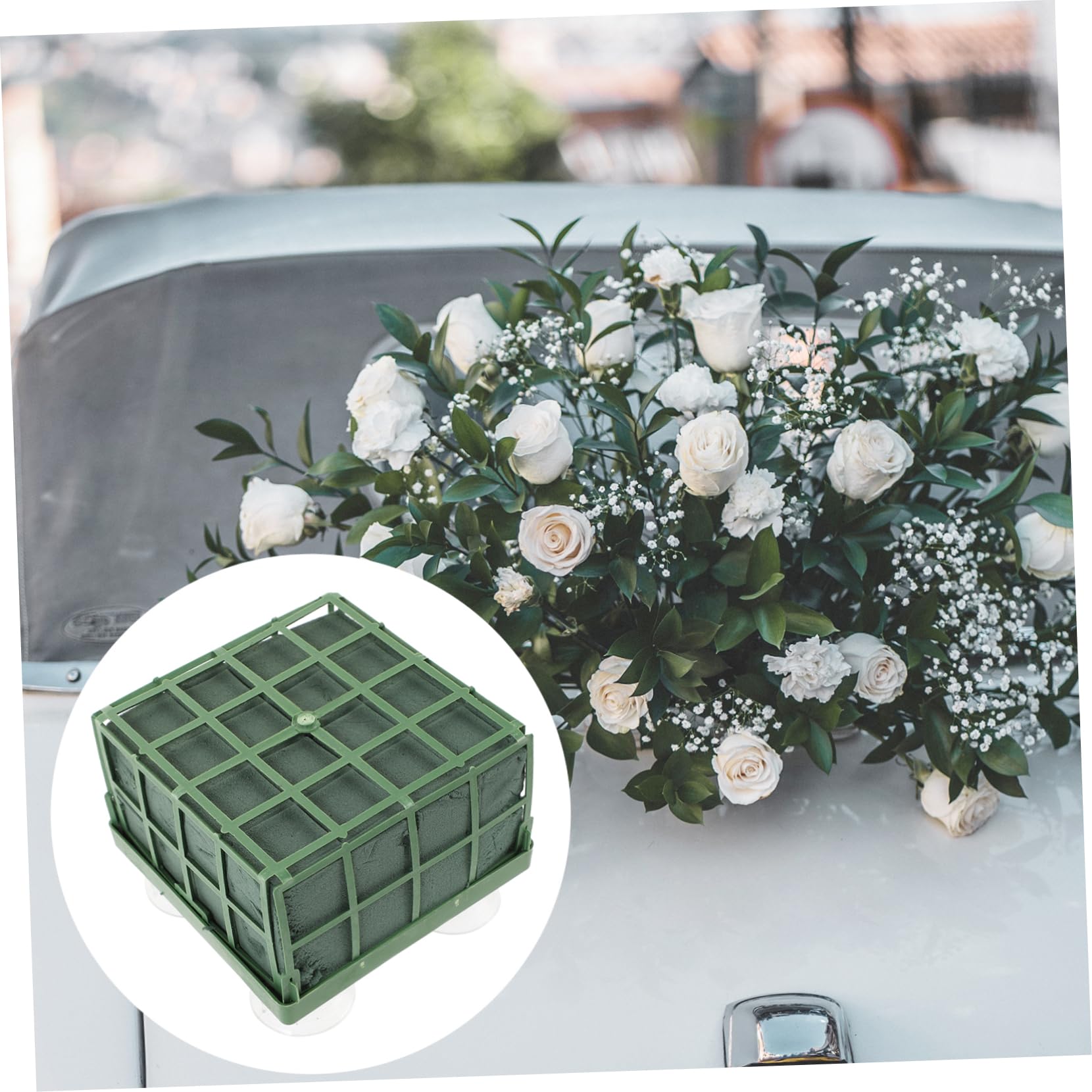 DOITOOL Décoration de Voiture de Mariage en Mousse Fleur, Base de Ventouse de Fleur en Plastique Vert, Lot de 3 pour Fête de Mariage
