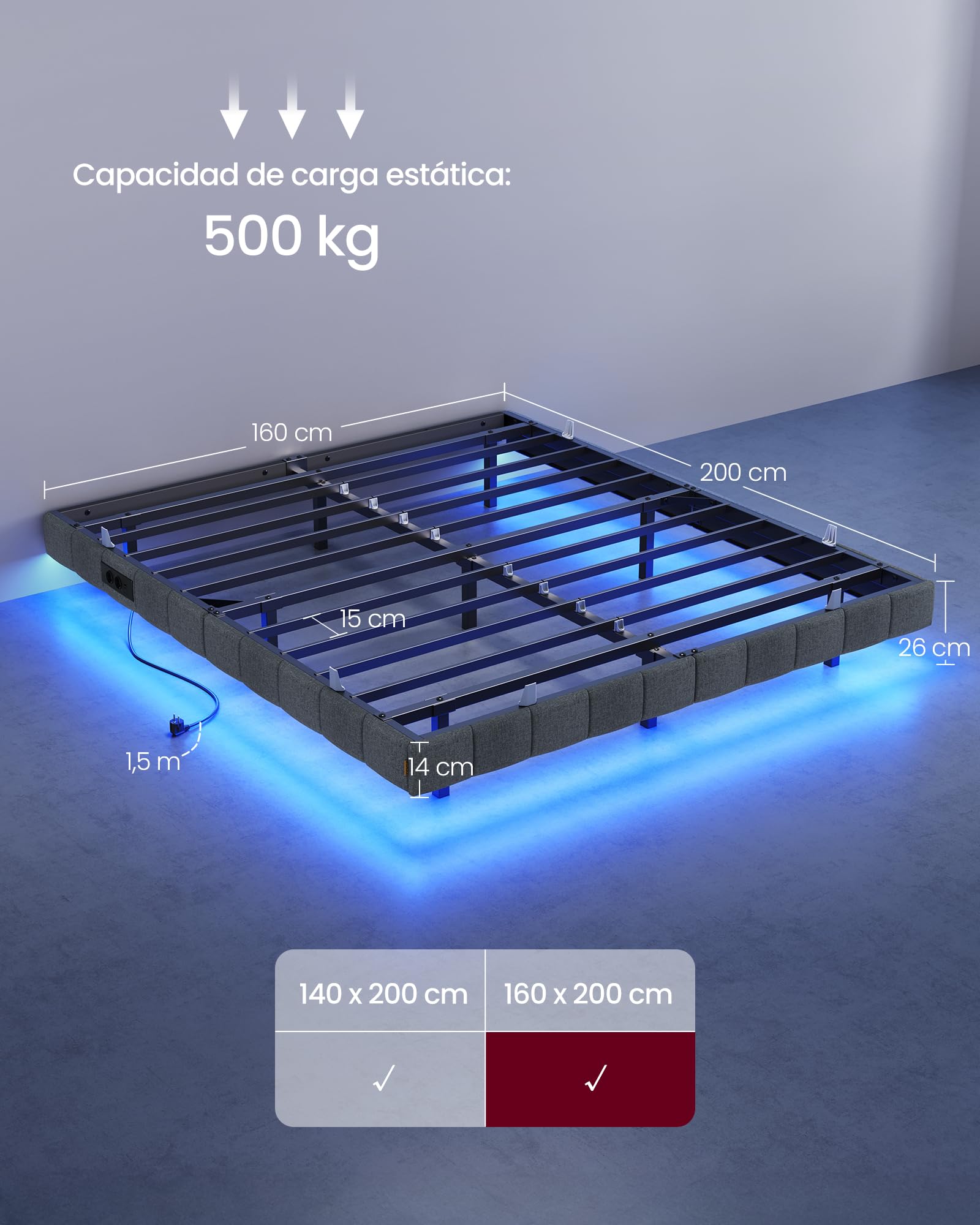VASAGLE Marco de Cama Flotante, 160 x 200 cm, Bordes Acolchados, LED, 2 Tomas de Corriente, 1 Puerto USB-A, 1 Puerto USB-C, 1 Puerto USB-A Posterior, Carga de 500 kg, Gris Pizarra RMB165G101 | Cama sin cabecero, puertos USB y enchufes, diseño de metal sól