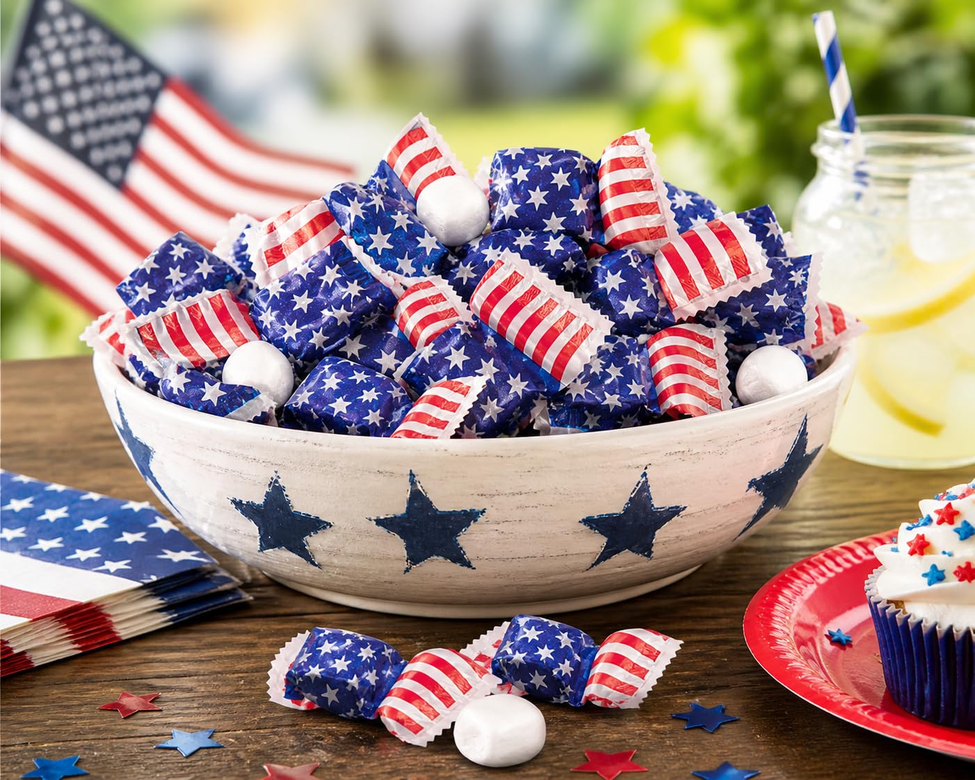 Fun Express Butter Mints Bulk Individually Wrapped - 108 Pieces USA American Flag Patriotic Candy for 4th of July, Memorial Day & Veterans Day Celebrations | Red White Blue Party Favors 14 Ounce
