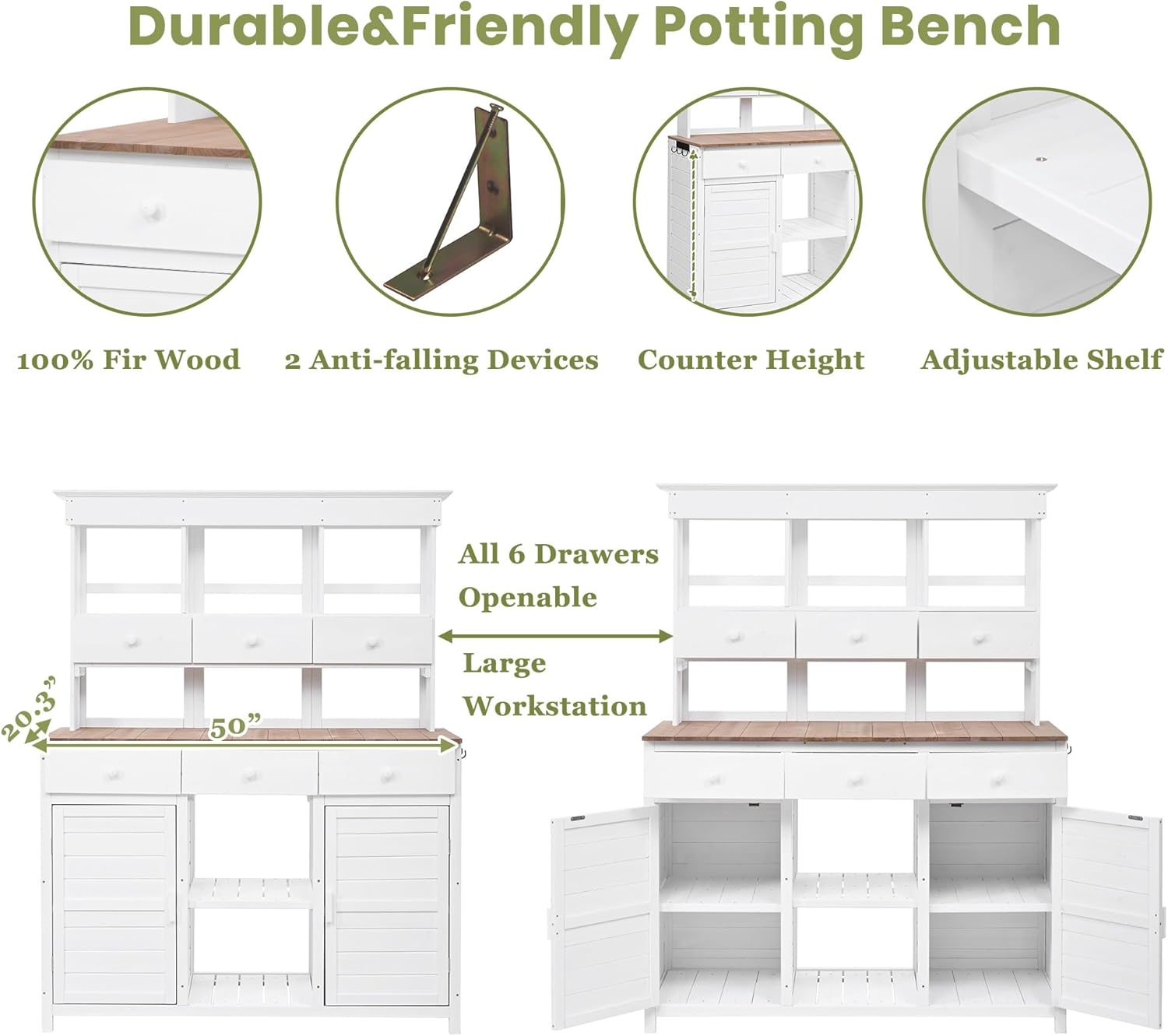 [Assembly Video Provided] 65.7'' H Tall Garden Potting Bench Table with Hutch, Patio Storage Workstation(White)
